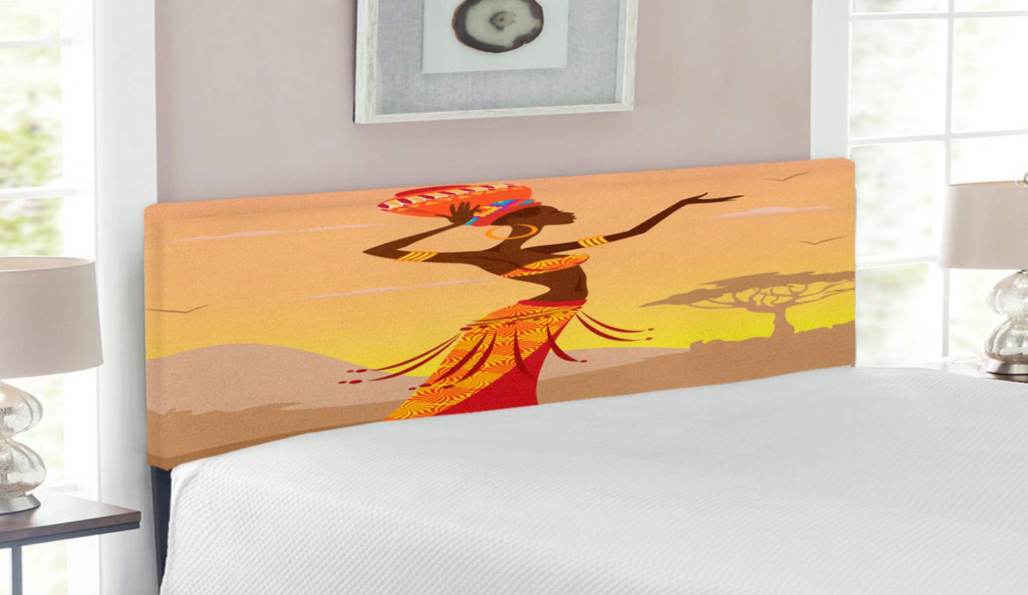 Ambesonne African Queen Size Headboard - Upholstered Decorative Metal Bed Frame with Memory Foam, Folk Art Print of Creative Woman in Desert with Flying Gulls, Amber Tan | Perfect for Bohemian & Eclectic Bedroom Decor