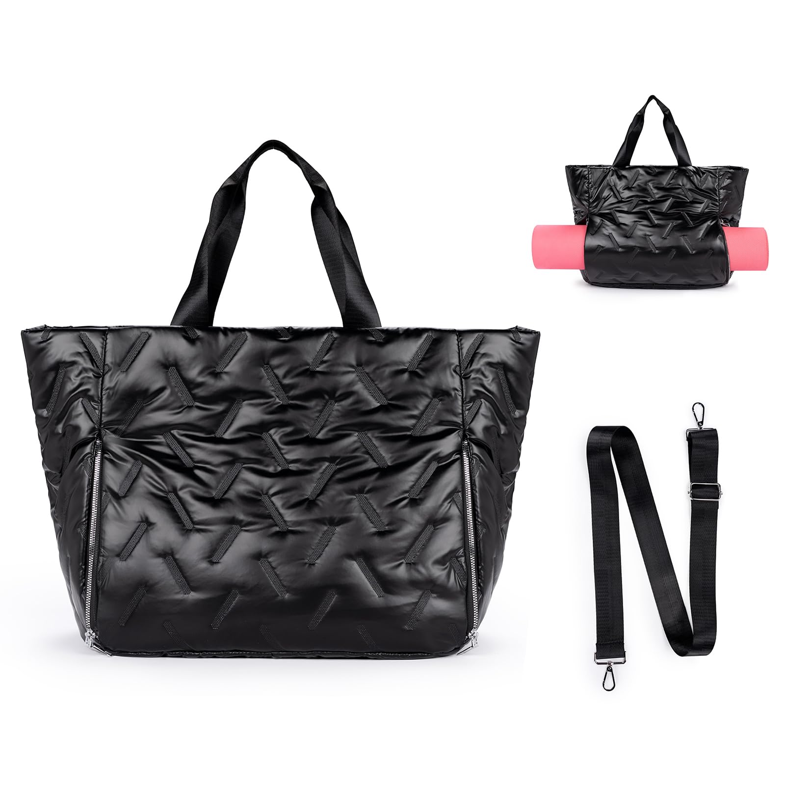 Women's Large Capacity Puffer Tote Bag with Zipper - Waterproof Quilted Handbag for Yoga, Work & Travel - Fits Yoga Mat & Essentials