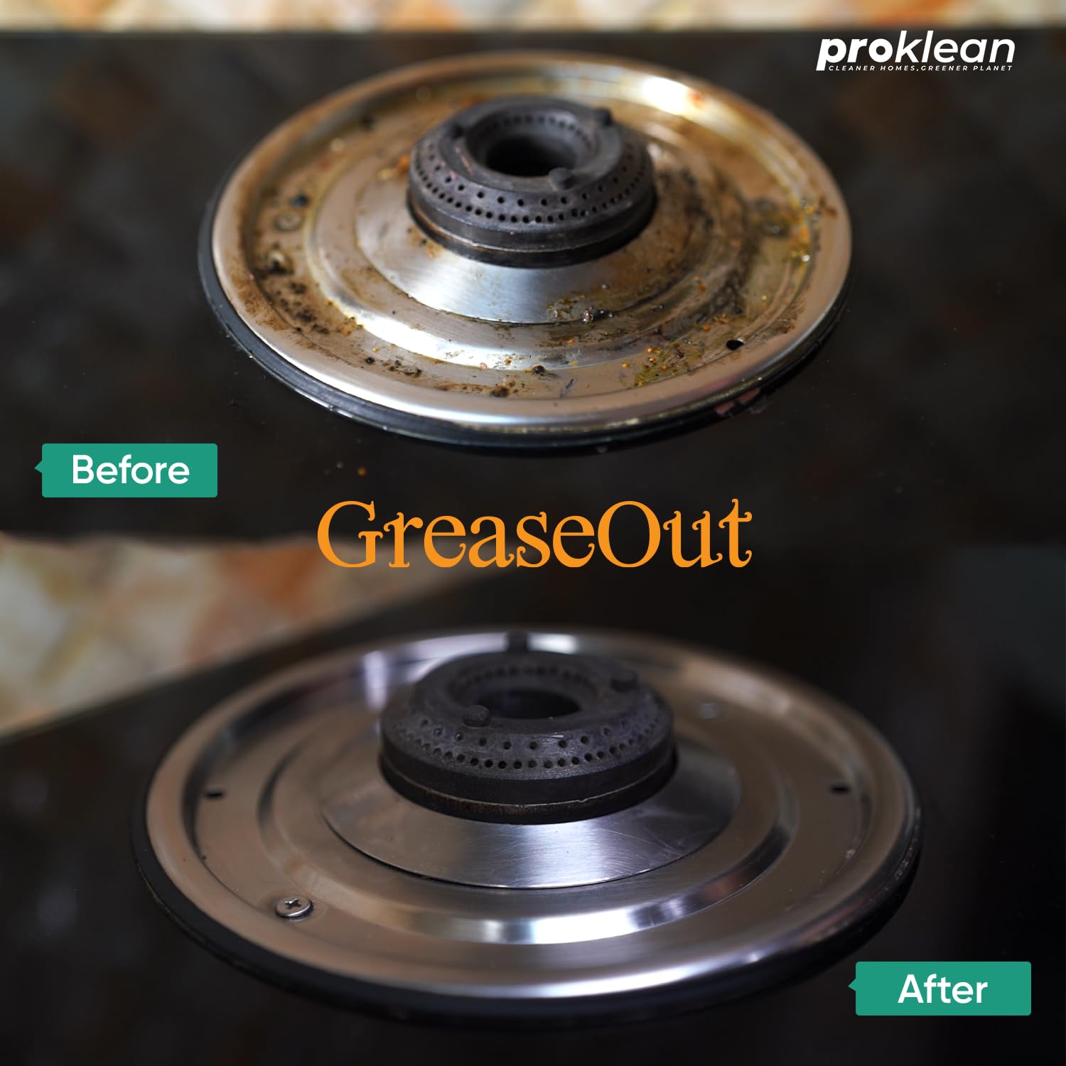 Proklean GreaseOut Kitchen Cleaner Spray – 500ml | Natural Degreaser & Oil Stain Remover for Stovetops, Countertops, Grills, Gas Stoves | Eco-Friendly Non-Toxic Kitchen Cleaning Spray | Multi-Surface Cleaner for Chimneys, Exhaust Fans, Deep Fryers | Heavy-Duty Stove & Chimney Cleaning Solution (Pack of 2) | Perfect for Daily Kitchen Cleaning & Tough Grease Removal