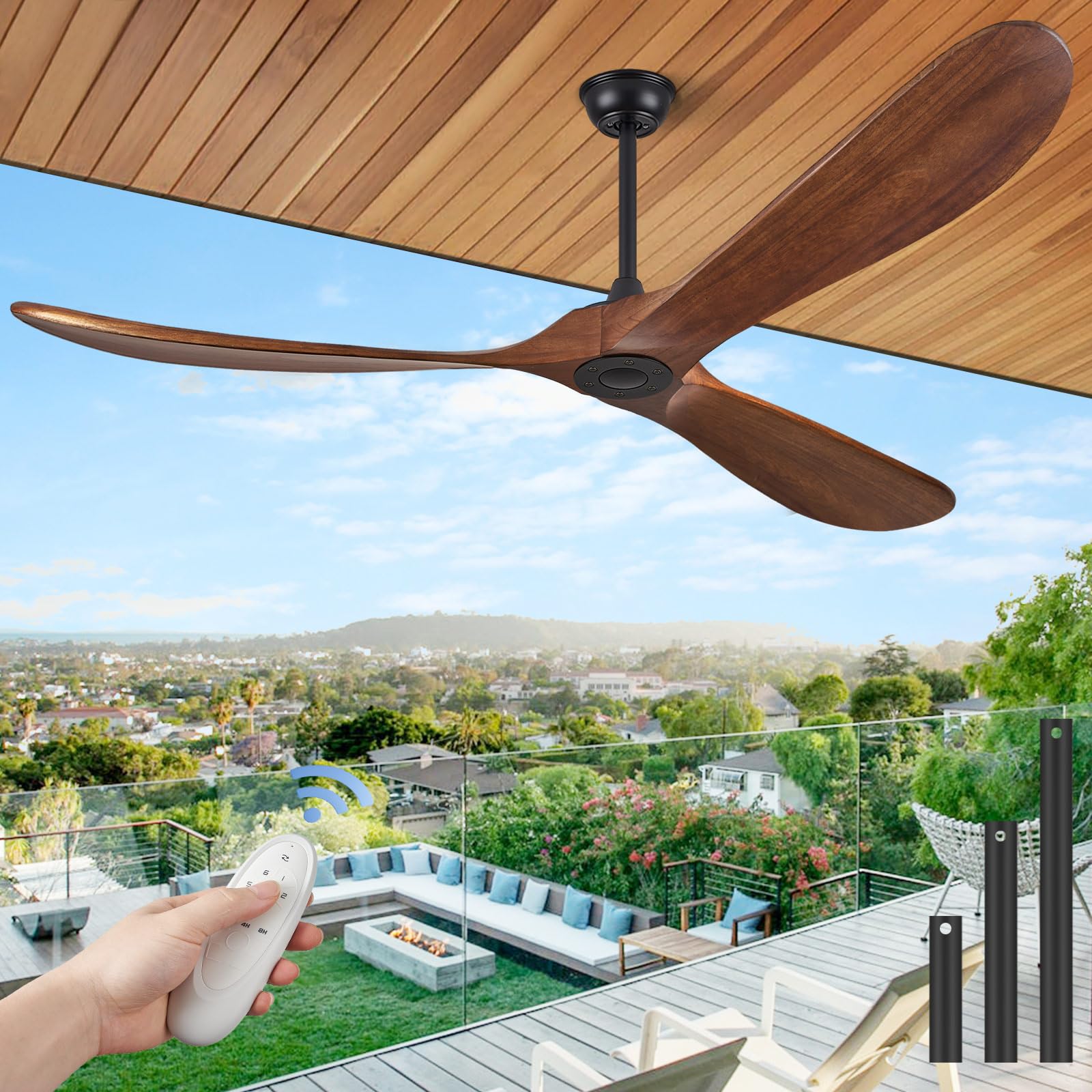 72 Inch Outdoor Ceiling Fan No Lights - ABZ 3-Blade Solid Wood Ceiling Fan with Remote Control for Patio, Living Room, Bedroom, Porch - Perfect for Cooling Large Spaces and Enhancing Home Decor