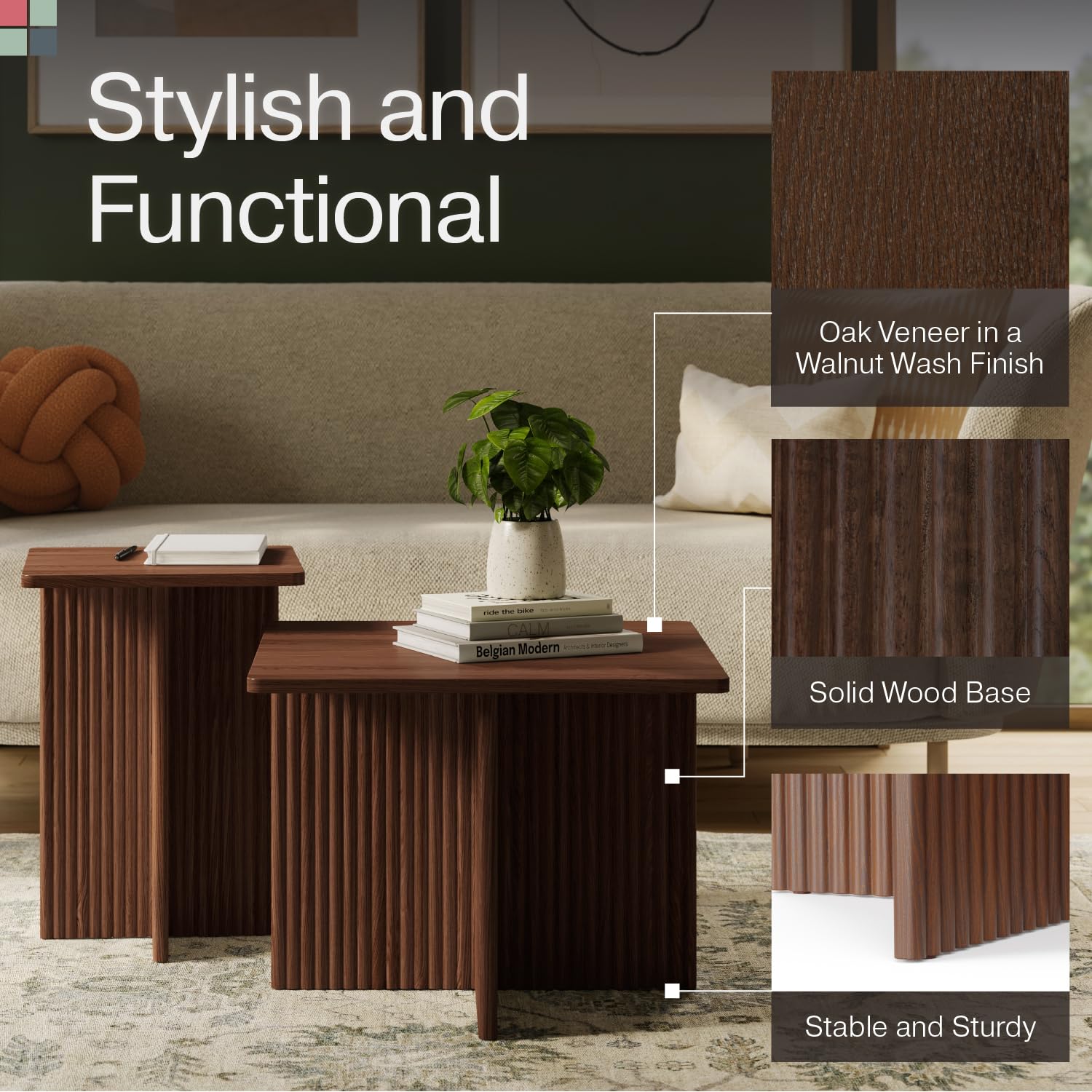 Square Fluted Nesting Coffee Table Set - 2 Piece Low Profile Modern Living Room Furniture with Solid Oak Base (Walnut) - Perfect for Small Spaces, Apartments & Contemporary Home Decor