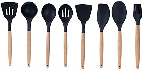 Non-Stick Silicone Kitchen Utensils Set 8-Piece - Heat Resistant Cooking Spatula, Spoon & Turner for Non-Scratch Cookware - Perfect for Baking, Frying & Everyday Cooking - Black Kitchen Gadgets Set