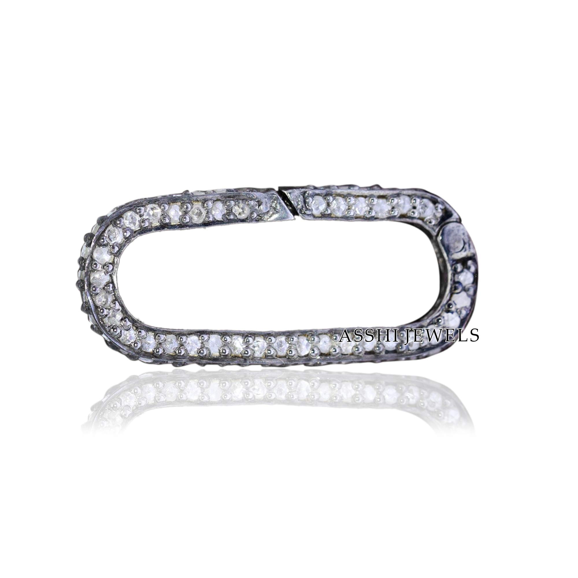 925 Sterling Silver Pave Diamond Enhancer Lock - Grey Oxidized Charm Holder for Necklaces & Bracelets - Handmade Oval Push Lock Jewelry Enhancer for Women's Fashion Accessories