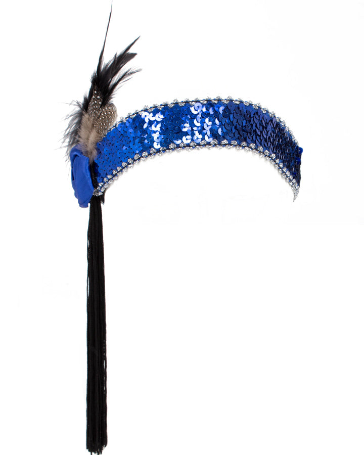 Vintage 1920s Blue Flapper Headband with Black Tassels - Roaring 20s Gatsby Party Hair Accessory for Women, Costume Parties & Themed Events
