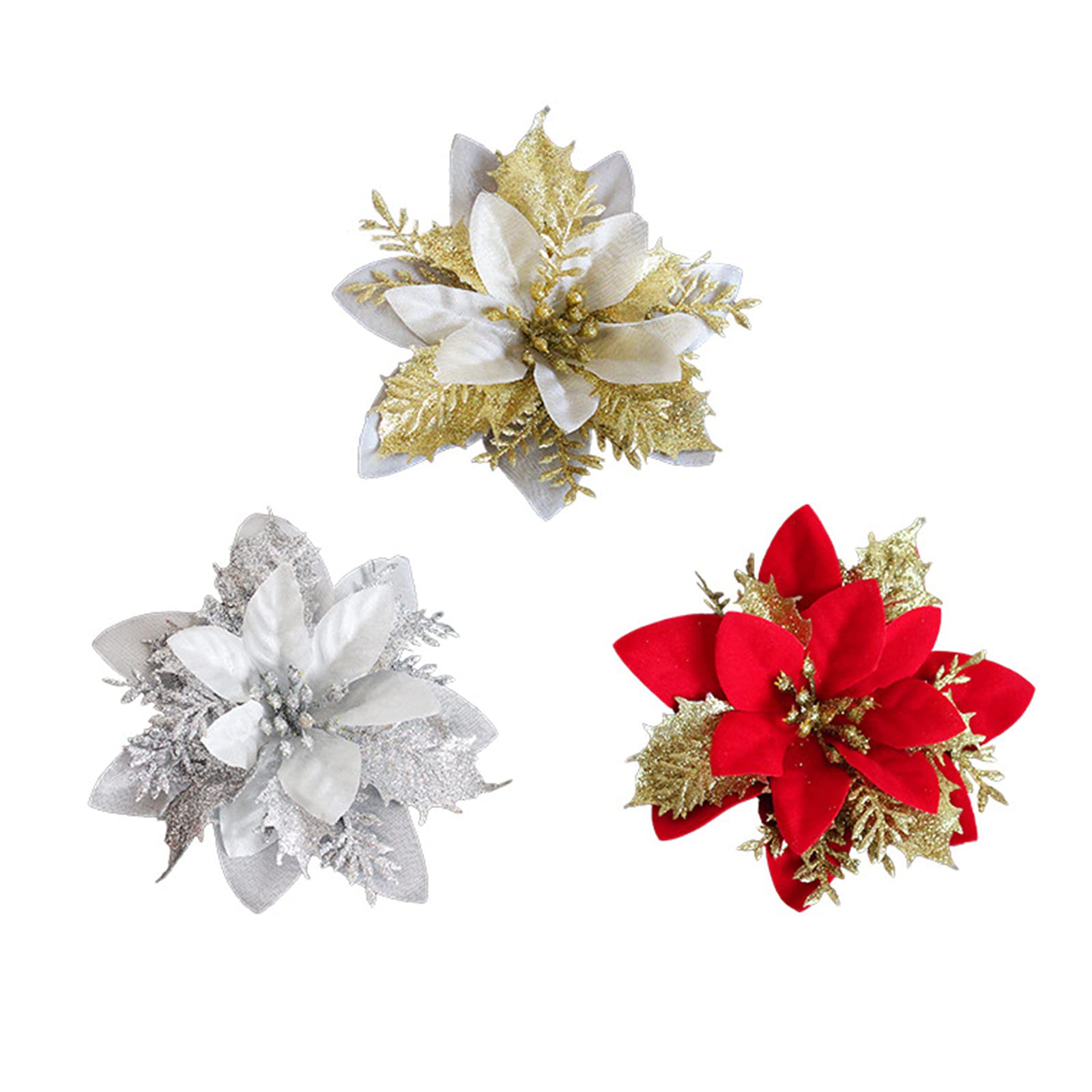 10Pcs Glitter Poinsettia Flowers for Christmas Decorations - Xmas Tree Wedding Party DIY