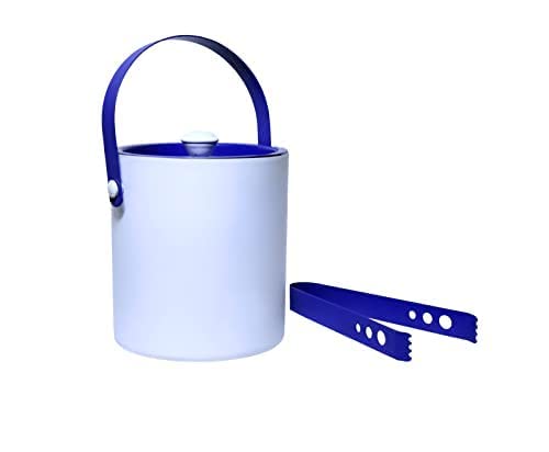 Premium Double Walled Stainless Steel Ice Bucket with Lid & Ice Tongs - 1 Liter Capacity, Keeps Ice Cold for 6+ Hours (White & Blue) - Perfect for Cocktail Parties, Outdoor BBQs, and Home Bar Use