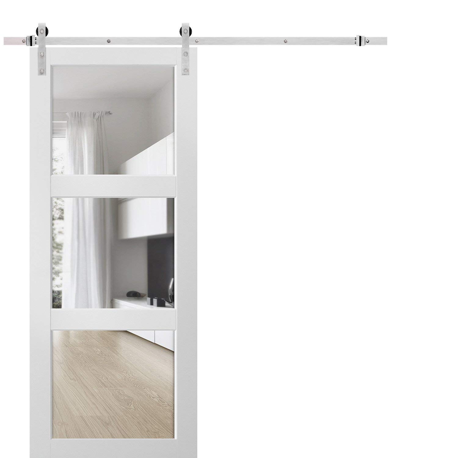 Lucia 2555 Matte White 18x80 Inch Sturdy Barn Door with Clear Glass 3 Lites - Top Mount Stainless Steel 6.6FT Rail & Heavy Duty Hangers - Solid Panel Interior Sliding Door for Bedroom, Closet, or Farmhouse Style Home Decor