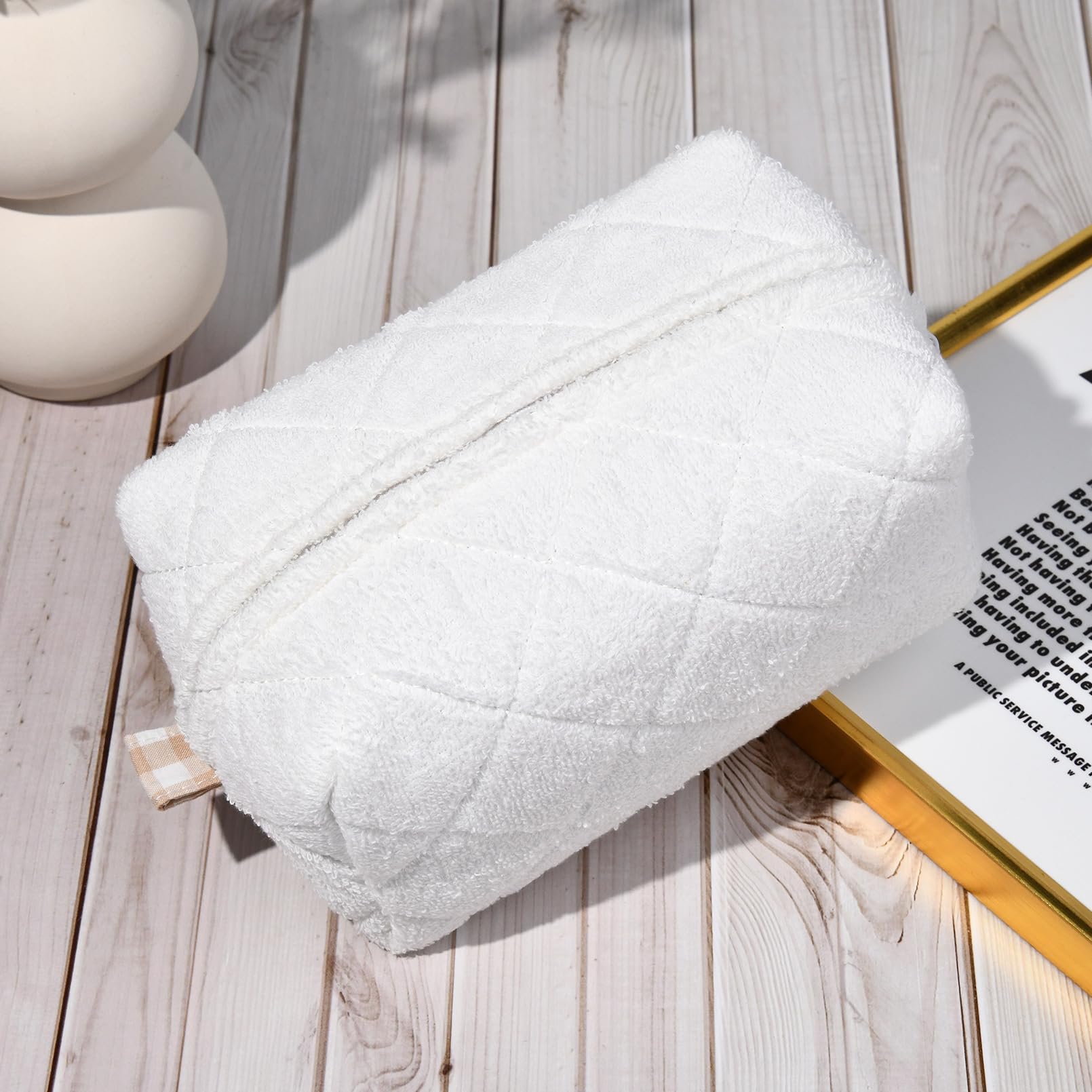 Terry Quilted Cosmetic Bag | Puffy Coquette Makeup Pouch | Aesthetic Cotton White Travel Toiletry Organizer | Makeup Brushes Storage Bag for Women | Perfect for Travel, Gym & Daily Beauty Essentials