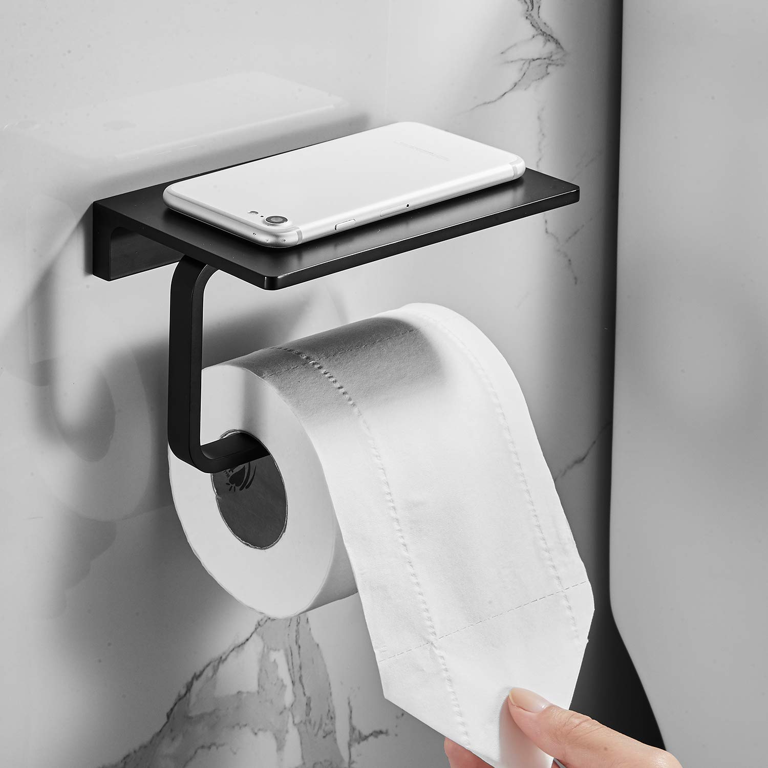 Premium Matte Black Toilet Paper Holder - Solid Brass Bathroom Tissue Roll Holder with Phone Storage | Hotel Style Design for Modern Bathrooms, Powder Rooms & Guest Baths
