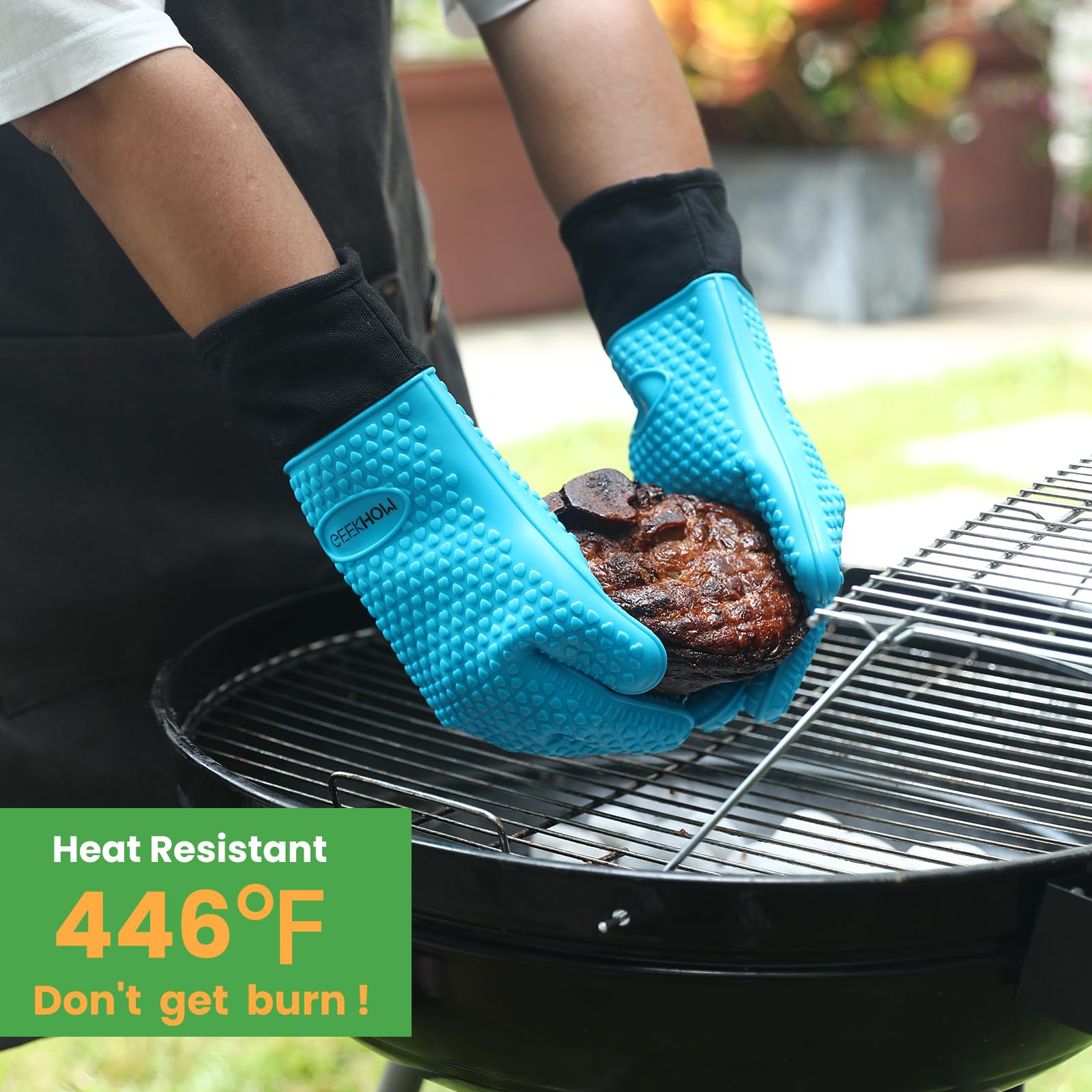 GEEKHOM Heat Resistant BBQ Gloves - Extra Large Silicone Oven Mitts for Grilling, Baking & Frying - Waterproof, Non-Slip & Oil Resistant Kitchen Gloves - Perfect for Weber Grill, Smoker, Microwave & Outdoor Cooking (Aqua Blue)