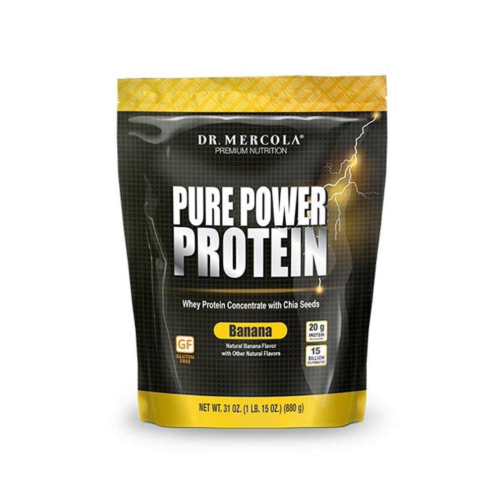 Dr. Mercola Pure Power Whey Protein Powder - Banana Flavor, 22 Servings (1 lb 15 oz) | Non-GMO, Gluten Free, Soy Free | Post-Workout Recovery & Muscle Building Supplement