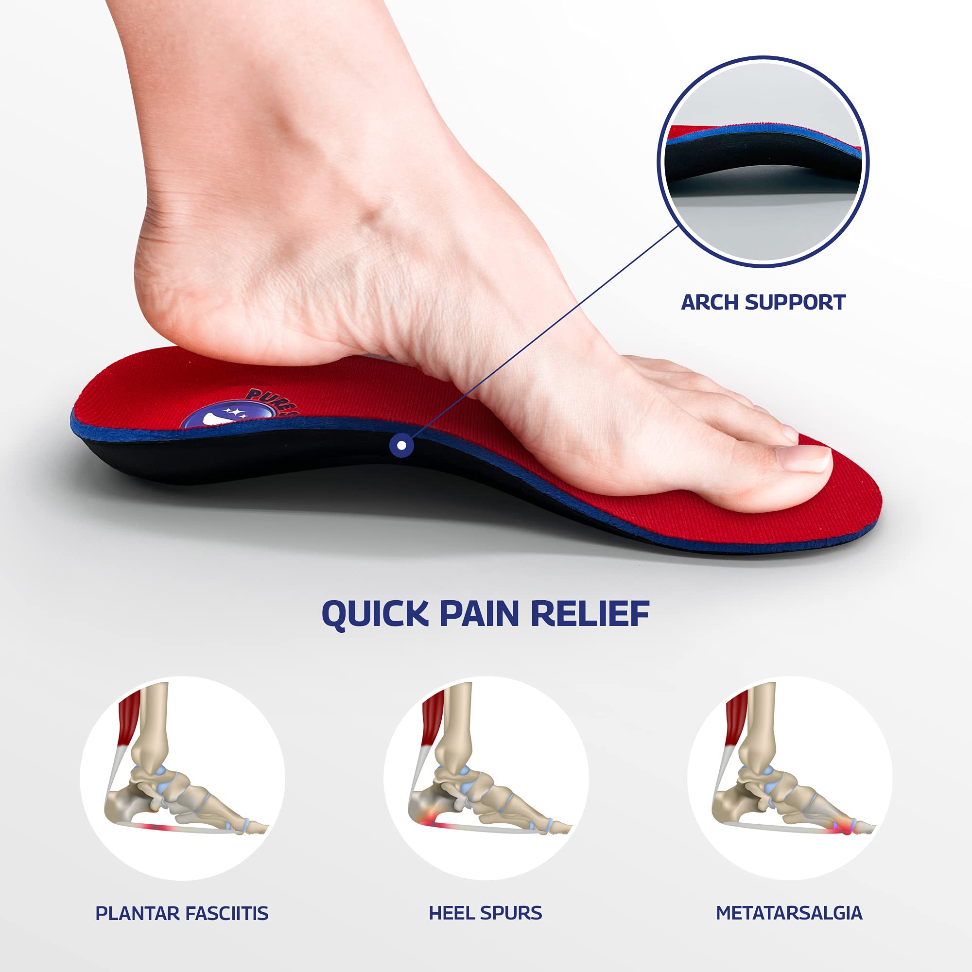 Pure Stride Professional Full Length Orthotic Insoles & Gel Metatarsal Cushions (1 Pair Each) - Arch Support for Men's 7-7.5/Women's 9-9.5 - Foot Pain Relief for Plantar Fasciitis, Flat Feet - Perfect for Running, Walking & Standing All Day