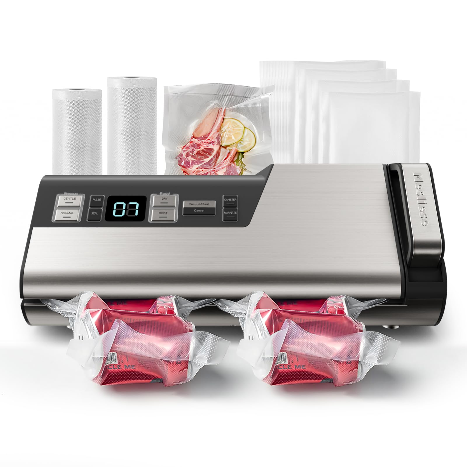 **Vacuum Sealer Machine 95kPa 140W - One-Hand Operation Food Sealer with Double Seal Strip, Built-in Cutter & Countdown Display - Includes 2 Bag Rolls & 5 Pre-cut Bags - PULSE & Marinate Modes - Perfect for Meal Prep, Sous Vide & Food Storage**