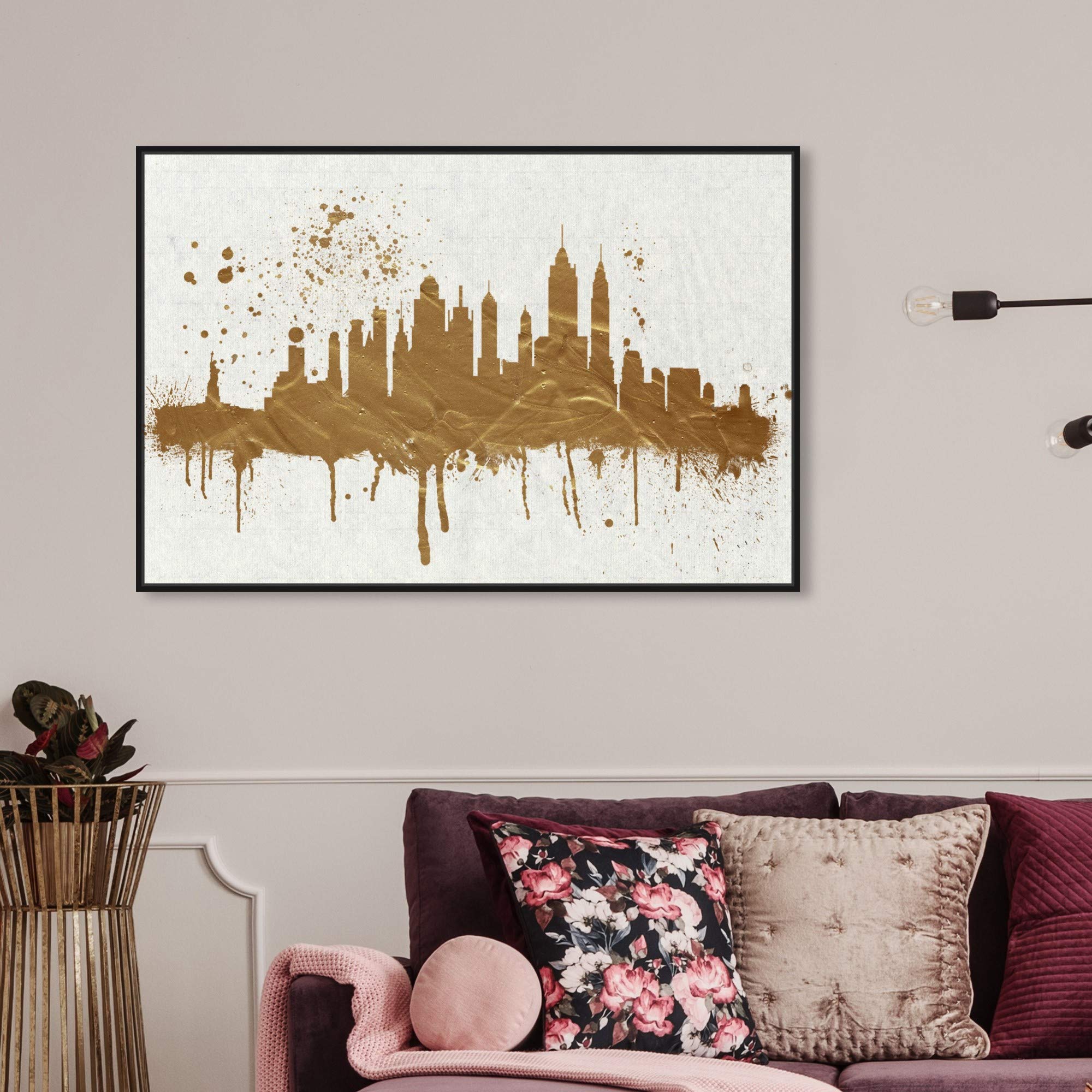 Gold NY Skyline Canvas Wall Art Prints - Modern Cityscape Decor for Living Room, Office & Bedroom