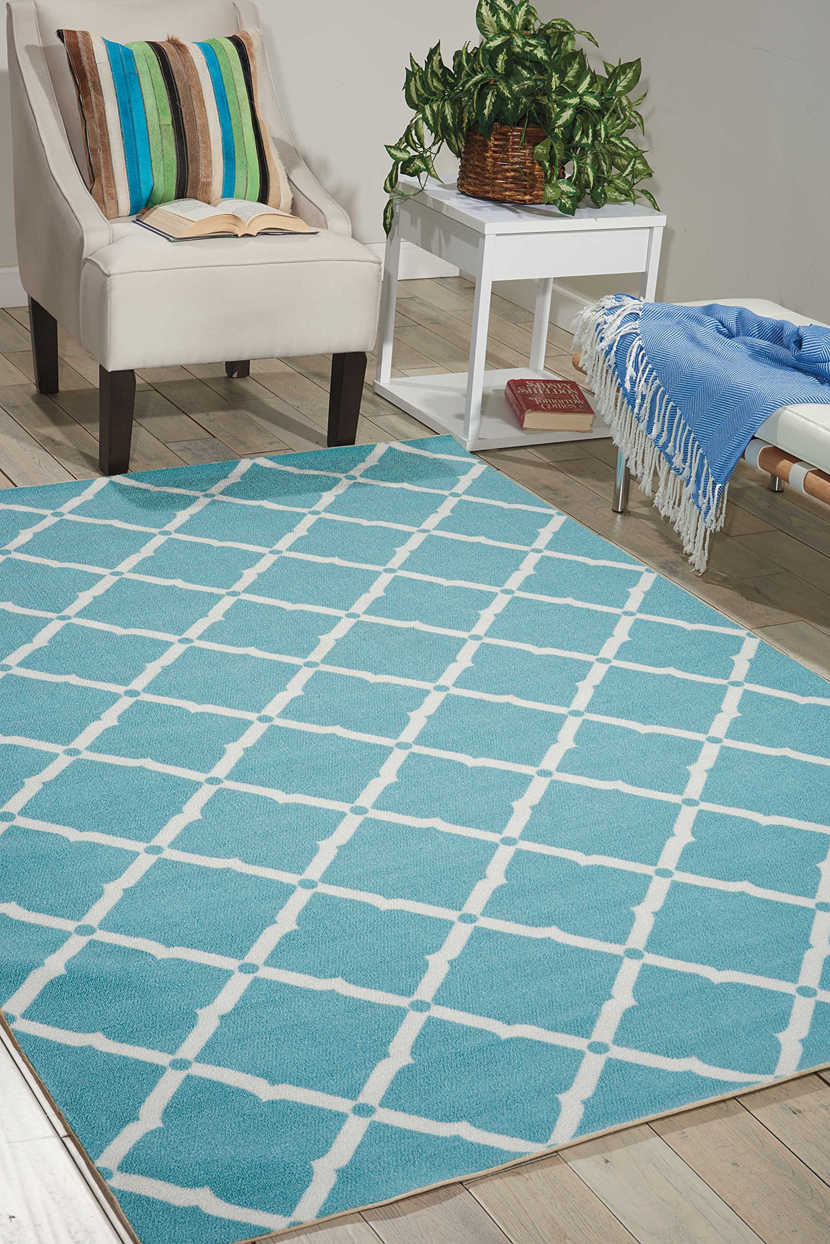 Nourison 10' x 13' Aqua Indoor Outdoor Area Rug - Easy Clean, Non-Shedding, Stain Resistant for Bedroom, Living Room, Dining Room, Kitchen - Perfect for Patio, Deck & High Traffic Areas
