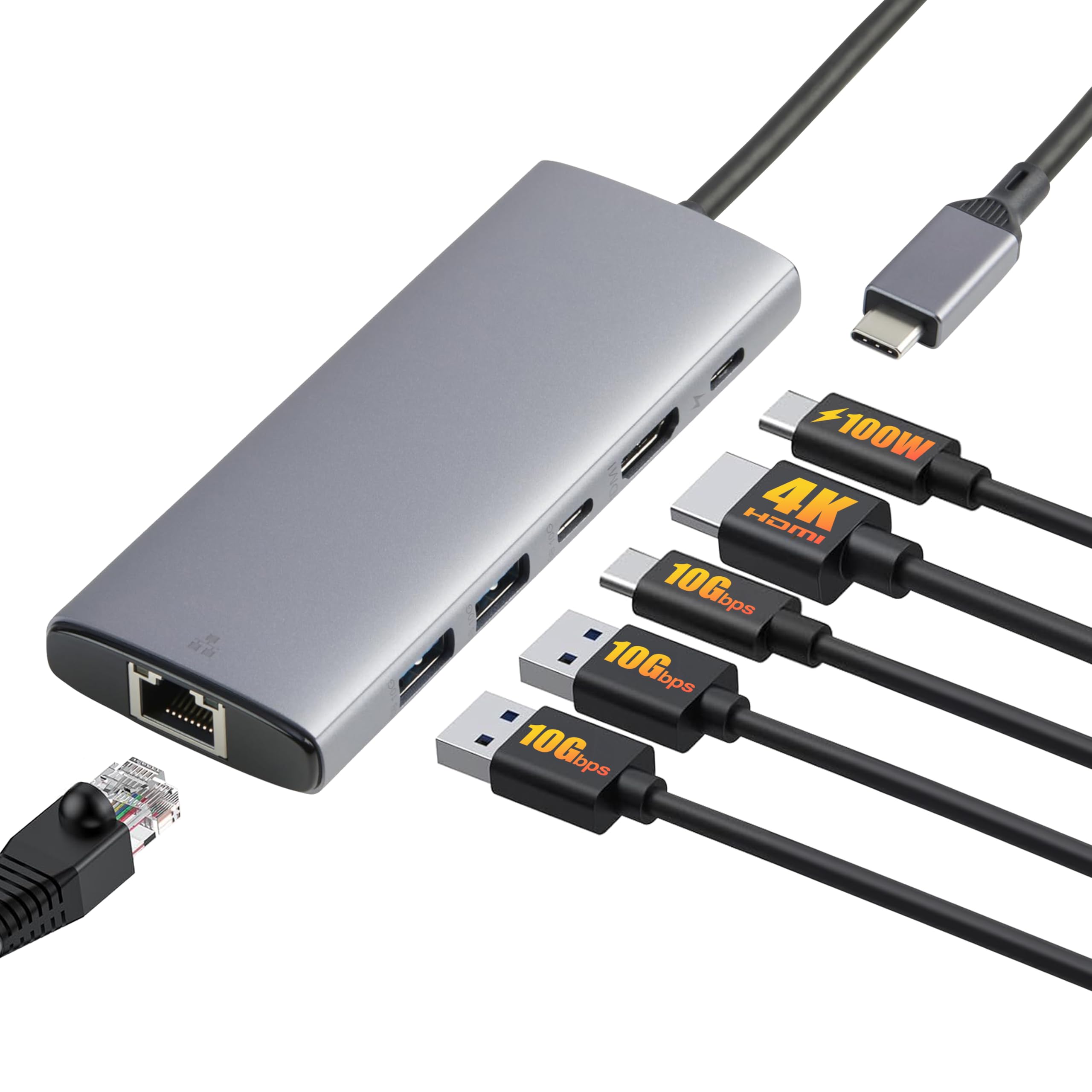 Amazon Basics 6-in-1 USB-C Hub with 100W PD, 2 USB-A Ports, HDMI 4K, Ethernet - Compact USB-C Adapter for MacBook, iPad, Laptop - Perfect for Home Office, Travel & Multi-Device Charging (Light Grey, 11.94 x 4.6 x 1.5cm)