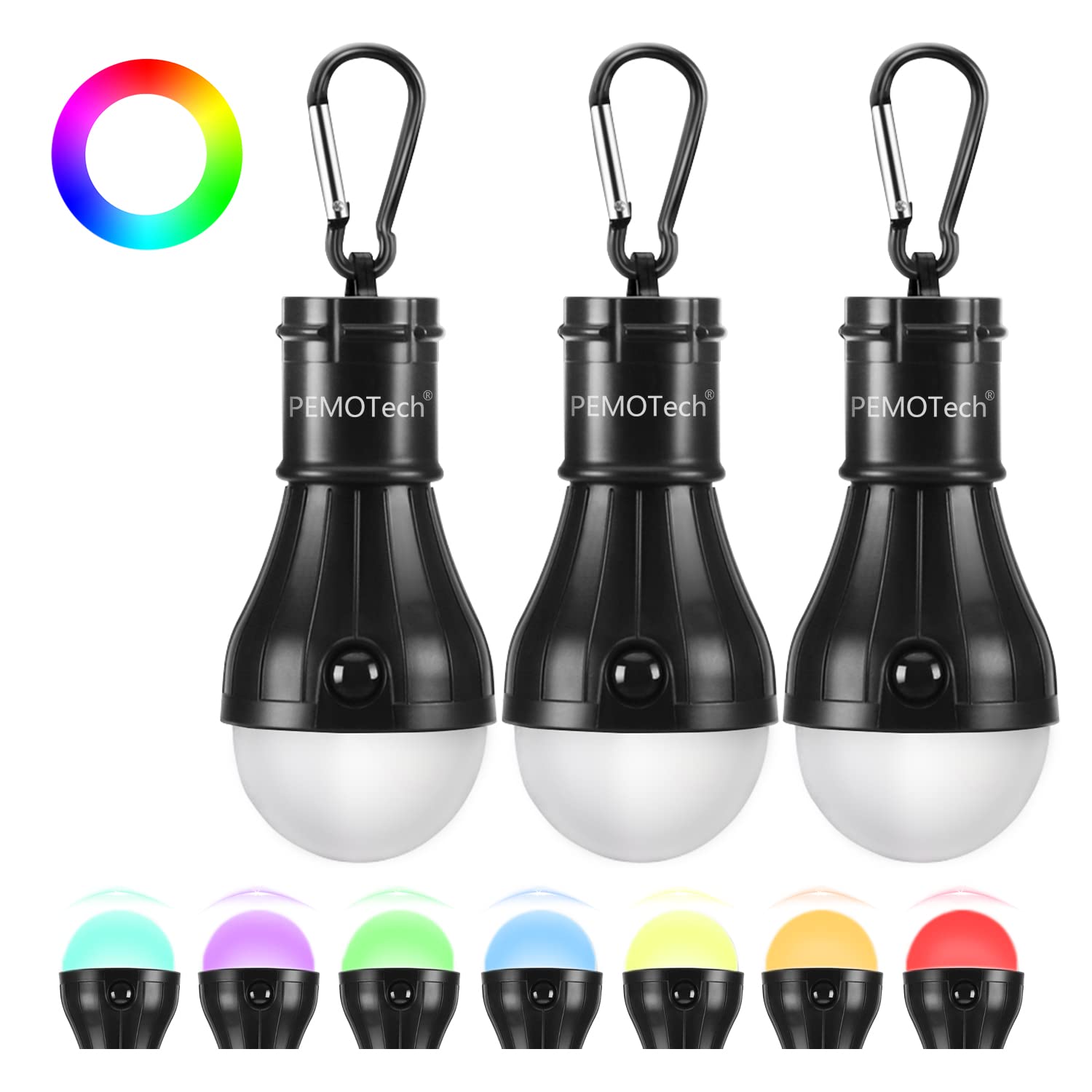 PEMOTech 3 Pack RGB Camping Lights - 7 Color Changing LED Lanterns for Tents, Hiking & Emergency Use