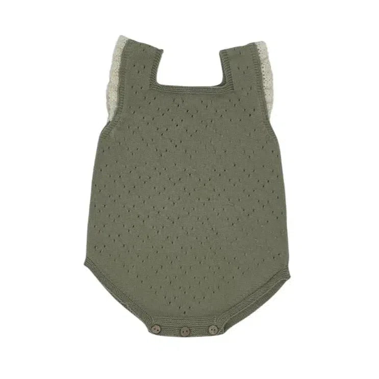 Li + Me Knit Lace Detail Bubble Romper for Baby Girls - Soft Green Cotton Jumpsuit with Ruffles | Perfect for Photoshoots, Birthday Parties & Special Occasions