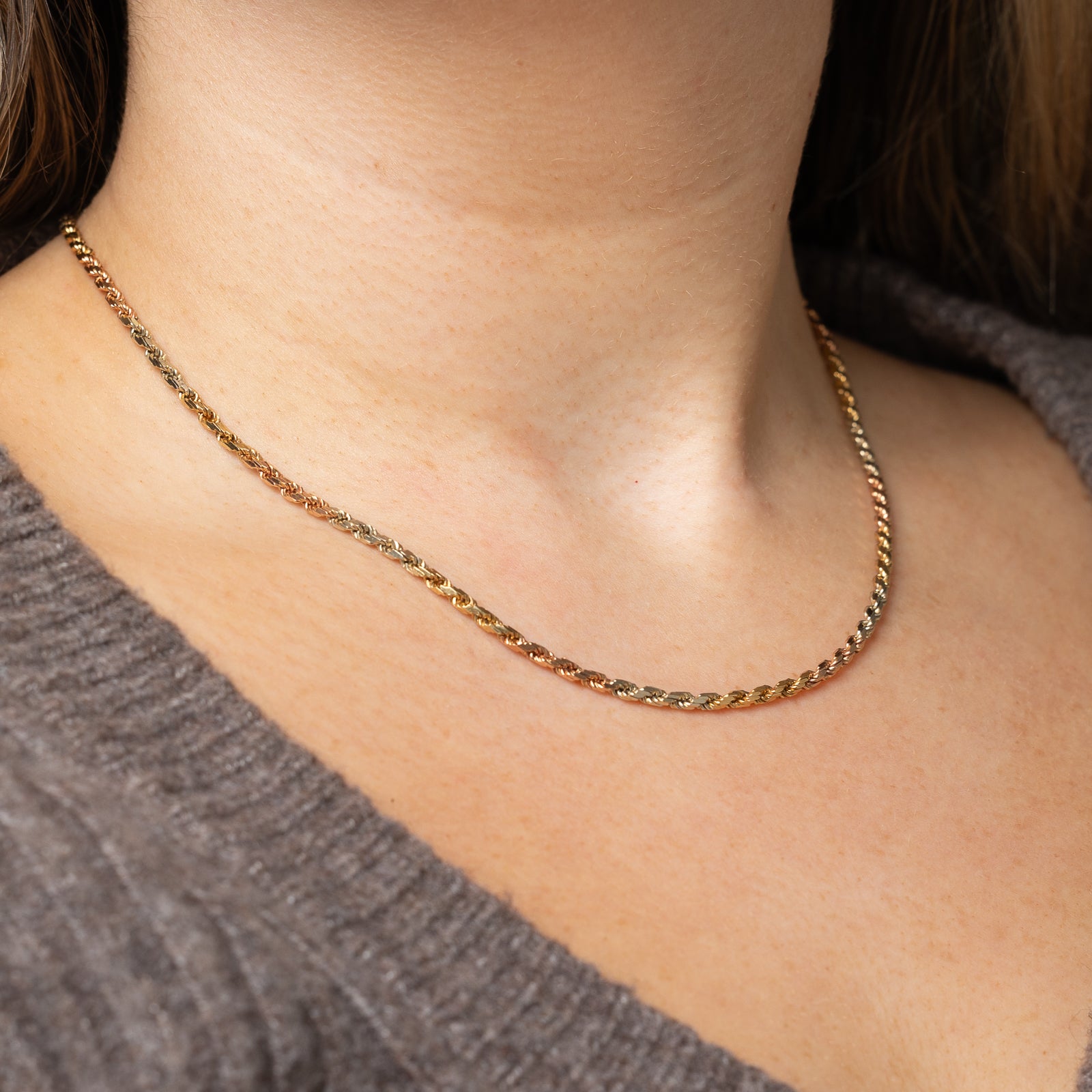 14K Tri-Tone Rope Chain Necklace 17.75 Inches - Gold, Rose Gold & White Gold Plated Jewelry for Women & Men - Perfect for Everyday Wear, Gifts & Special Occasions