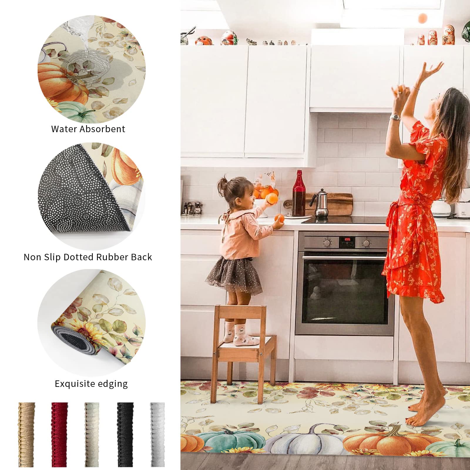 Thanksgiving Kitchen Rugs Set of 2 - Non-Slip Water Absorbent Fall Pumpkin Sunflower Runner Carpet for Kitchen, Hallway, Living Room | Autumn Eucalyptus Leaf Welcome Doormat & Bath Rug with Rubber Backing | Perfect for Holiday Decor, Entryway Protection & Cozy Home Accents