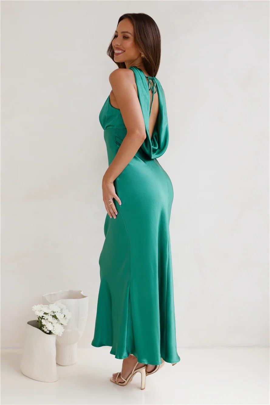 2024 Satin Cutout Halter Neck Midi Dress - Silk Sexy Sleeveless Backless Formal Dress with Empire Waist for Wedding Guest, Evening Party, Cocktail Reception & Special Occasions