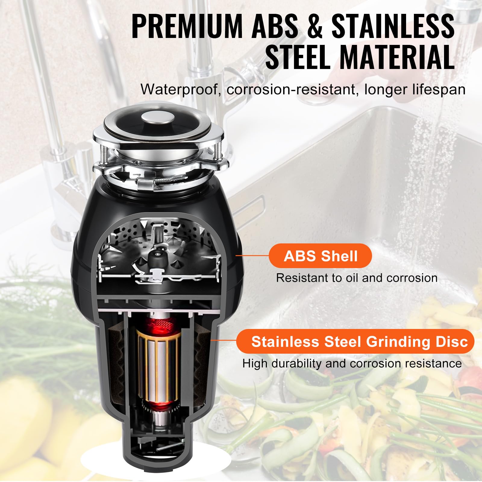VEVOR 3/4 HP Continuous Feed Garbage Disposal - 3260 RPM Food Waste Disposer with Sound Reduction, 3-Bolt Mount & Splash Guard - Powerful Kitchen Sink Grinder for Everyday Food Scraps & Leftovers (Ideal for Homes, Restaurants & RVs)