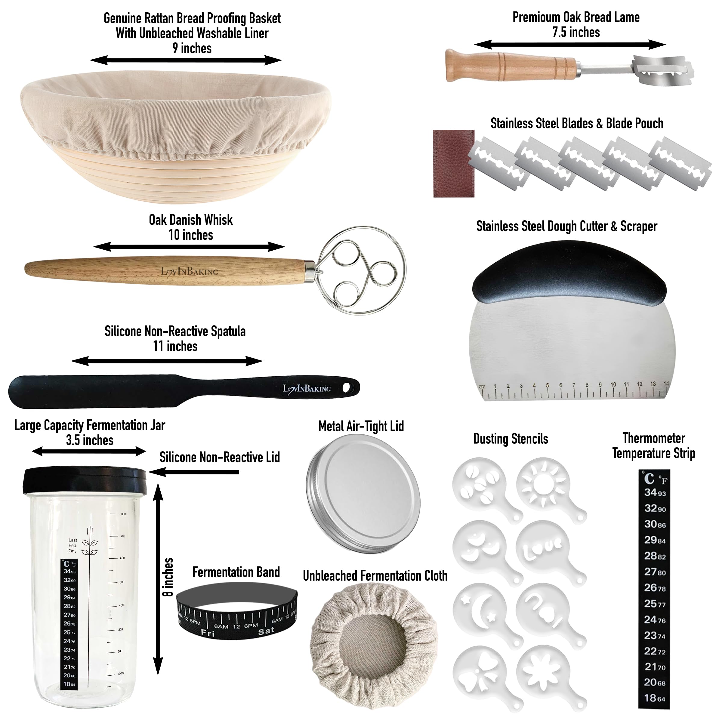 LovInBaking Sourdough Starter Kit - Complete Bread Making Set with Proofing Basket, Danish Whisk, Bread Lame, Glass Jar & Baking Tools for Homemade Artisan Sourdough Bread | Perfect for Beginners & Home Bakers