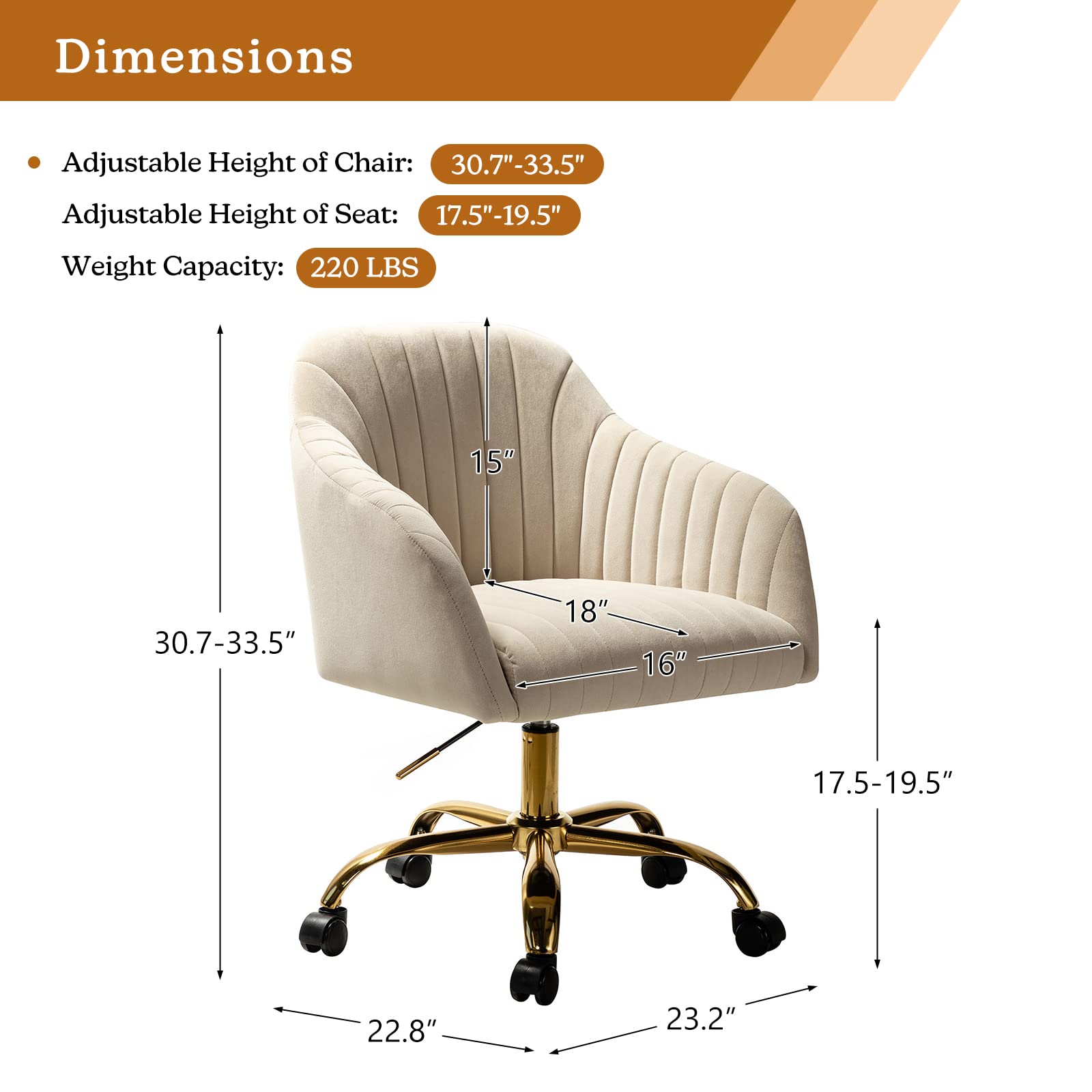 HULALA HOME Velvet Home Office Desk Chair - Modern Cute Computer Task Chair with Wheels, Swivel & Height Adjustable - Upholstered Vanity Chair for Women & Girls (Gold Base, Tan) - Perfect for Home Office, Gaming Setup, Study Room & Makeup Vanity