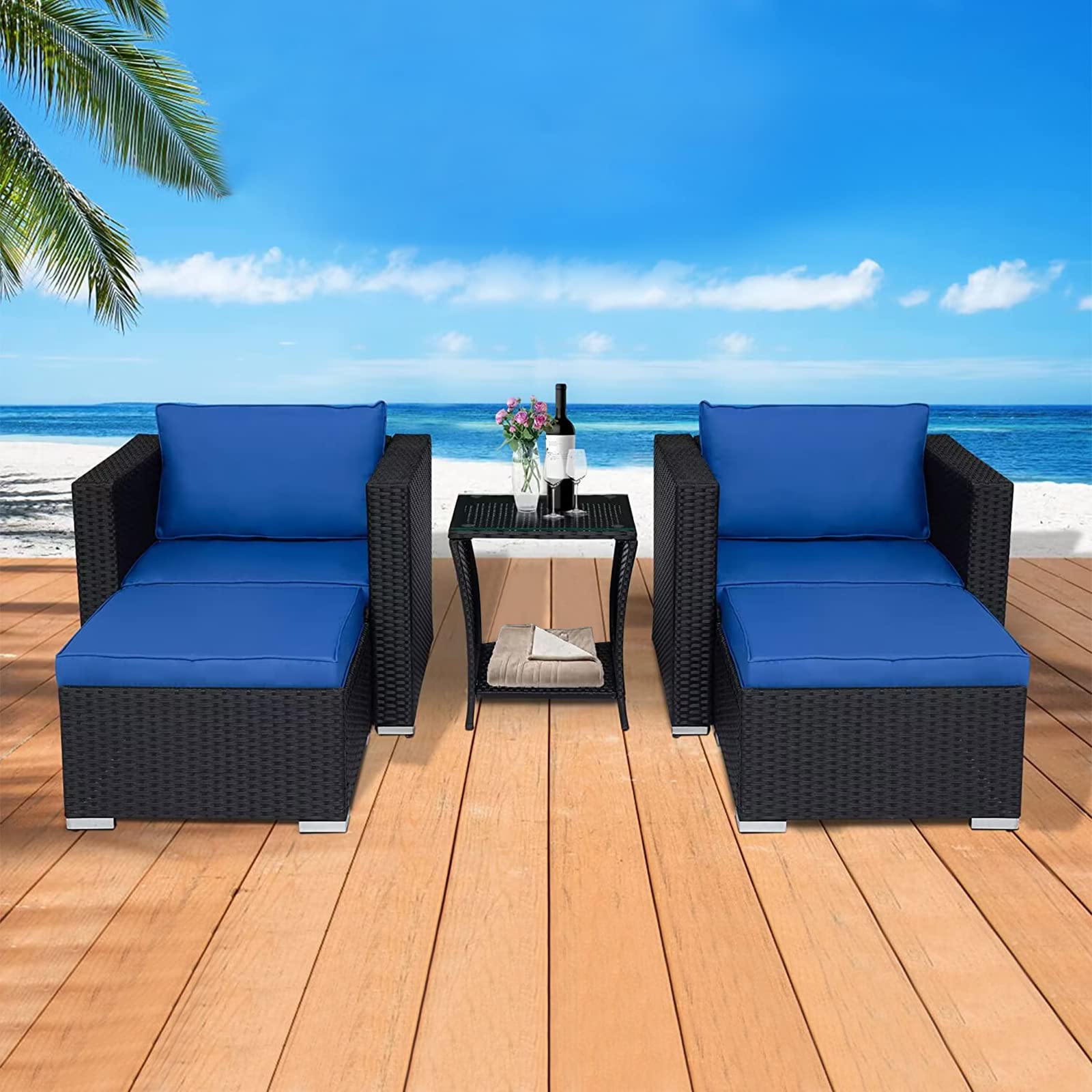 KINTNESS 5-Piece Outdoor Patio Furniture Set - Dark Blue Wicker Bistro Set with Lounge Chairs, Ottoman & Coffee Table for Backyard, Poolside, Porch or Deck | Perfect for Relaxing, Entertaining & Outdoor Dining