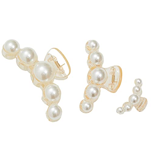 3Pcs Pearl Hair Claw Clips Set - Non-Slip Jaw Clips for Women & Girls (Small/Medium/Large) - Perfect for Ponytails, Buns & Everyday Hairstyles