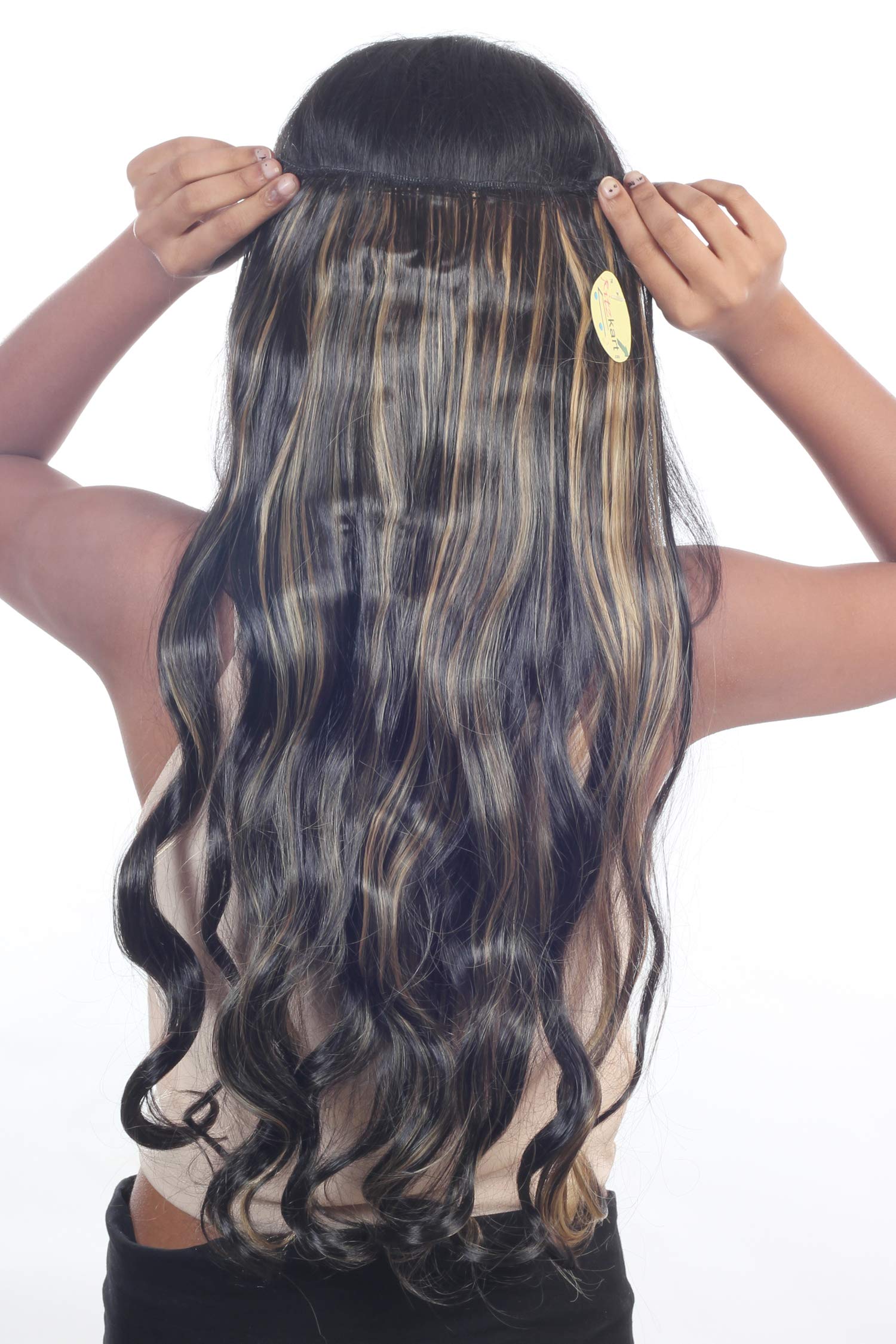 Ritzkart 25 Inch Synthetic Hair Extensions - Natural Black with Golden Highlights, Long Curly Hair Weave for Women | Perfect for Parties, Weddings & Daily Styling