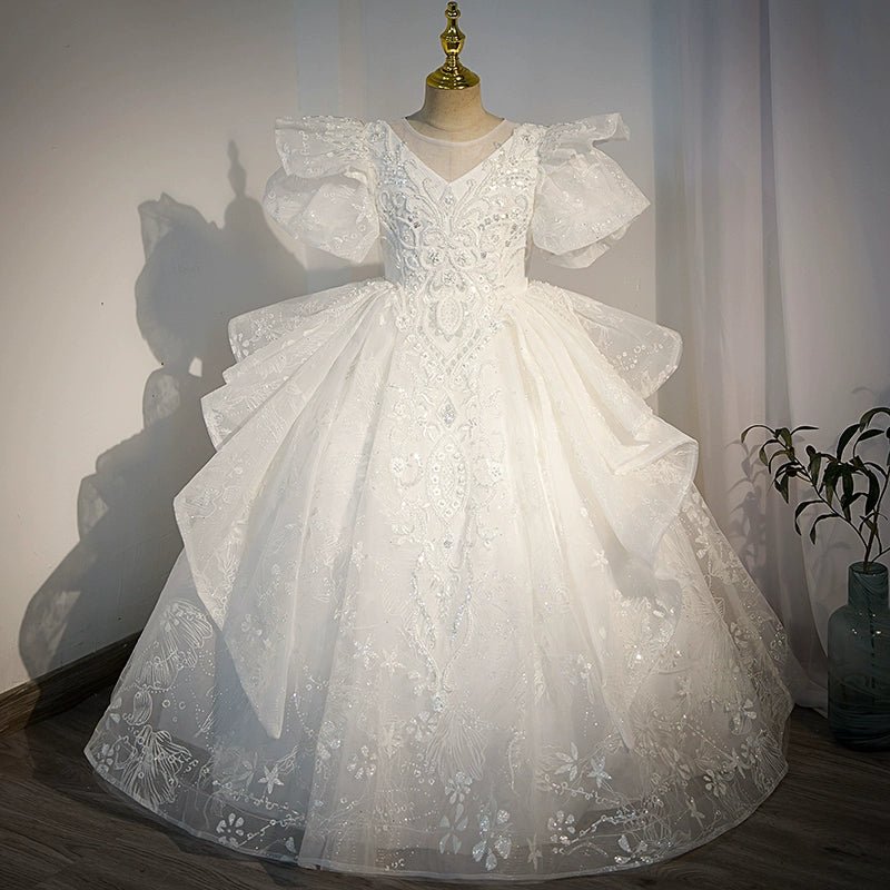 White Princess Round Floor Length Organza Flower Girl Dress for Weddings, Baptisms & Special Occasions