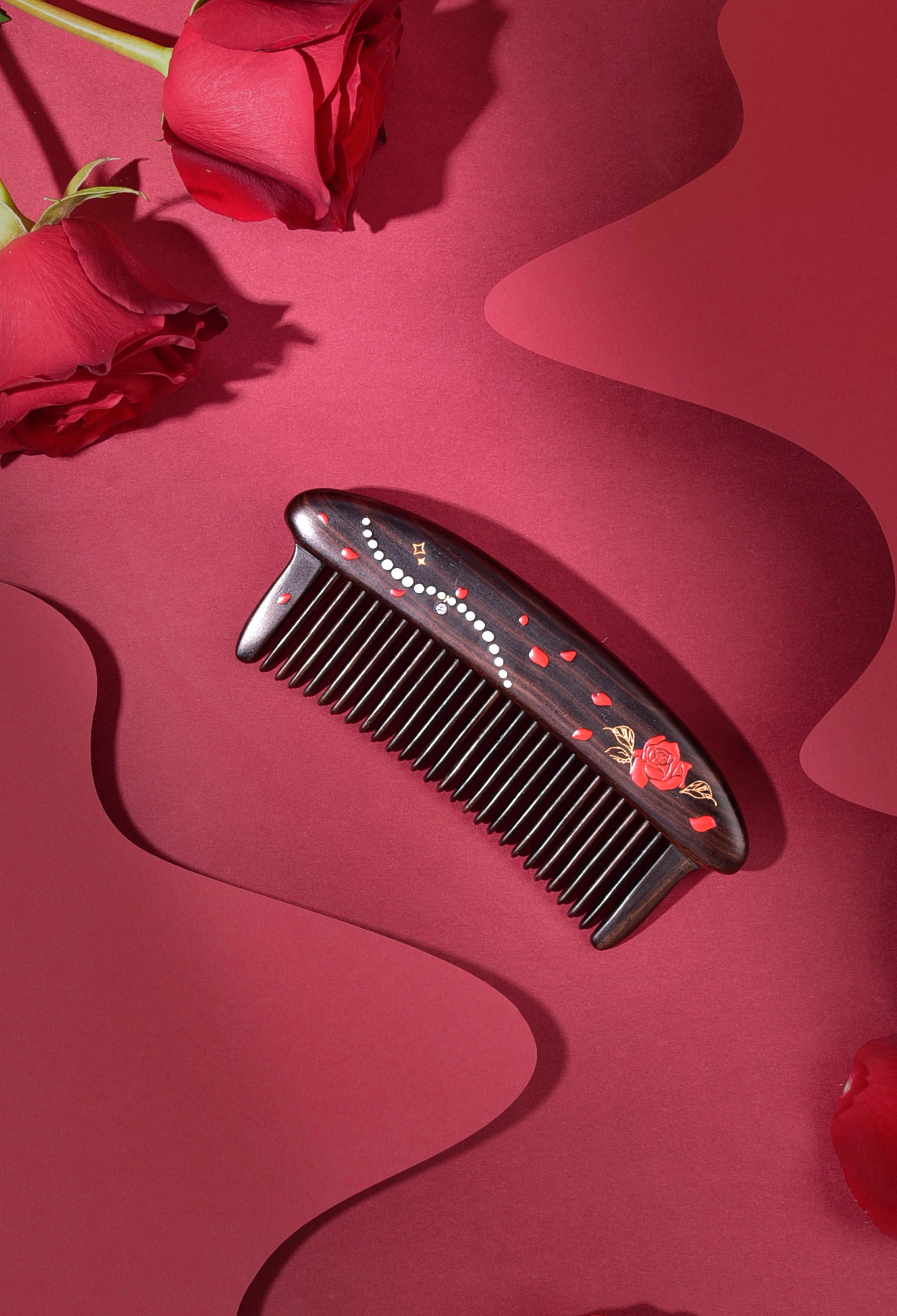 Rose Pattern Wooden Hair Comb for Women - Perfect Gift for Her, Valentine's Day, Anniversary & Special Occasions - Natural Wood Hairbrush for Smoothing & Styling