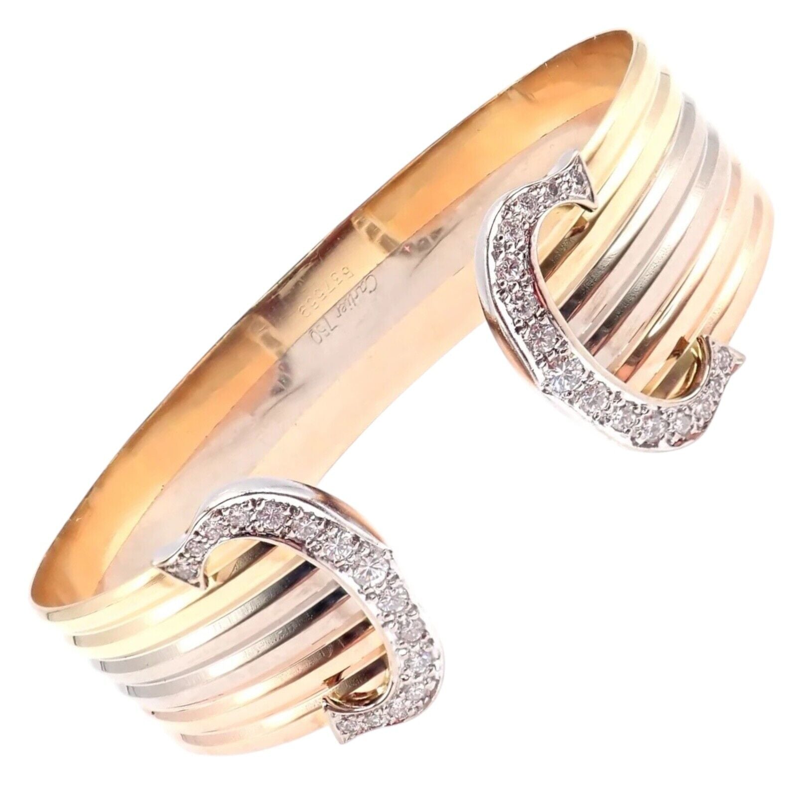 Authentic Cartier 18k Tri-Color Gold Diamond Double C Wide Cuff Bangle Bracelet - Luxury Jewelry for Women, Perfect for Weddings, Parties & Special Occasions