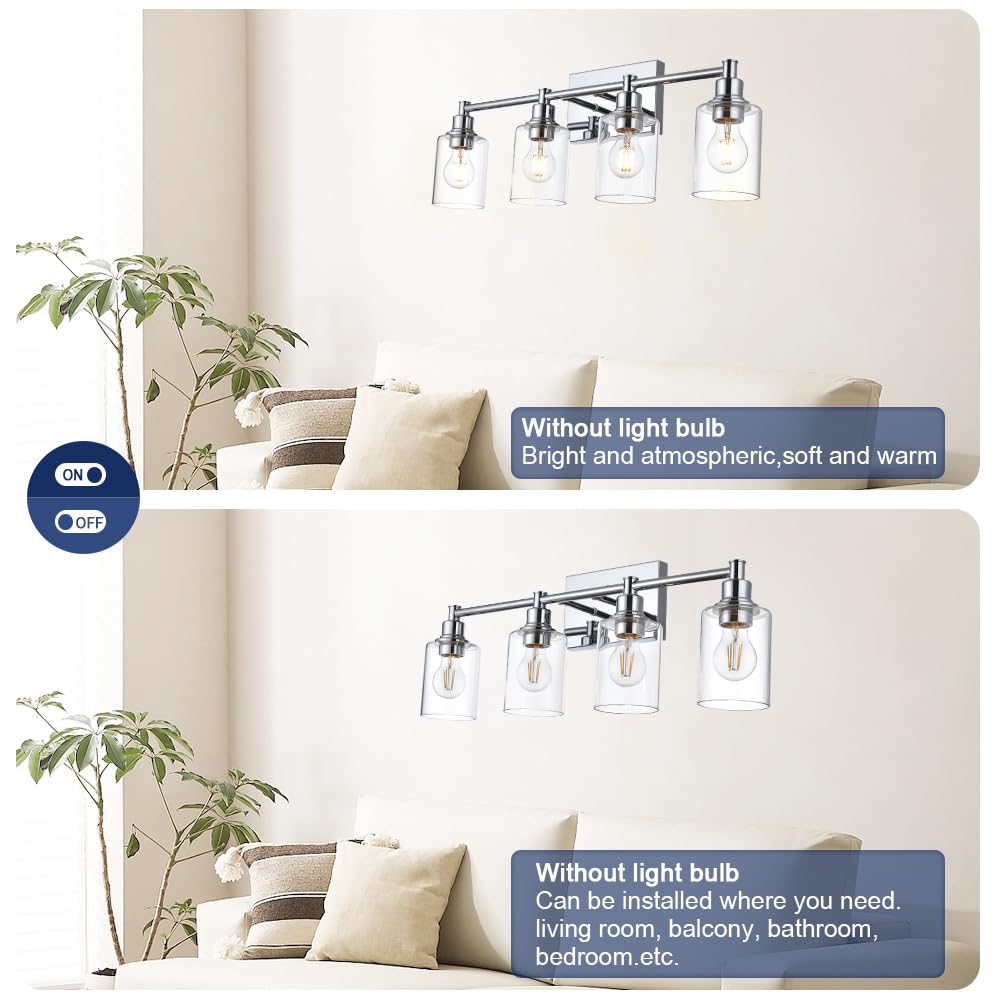 Modern Chrome Bathroom Vanity Lights - 4-Light Sconces with Clear Glass for Kitchen & Bathroom