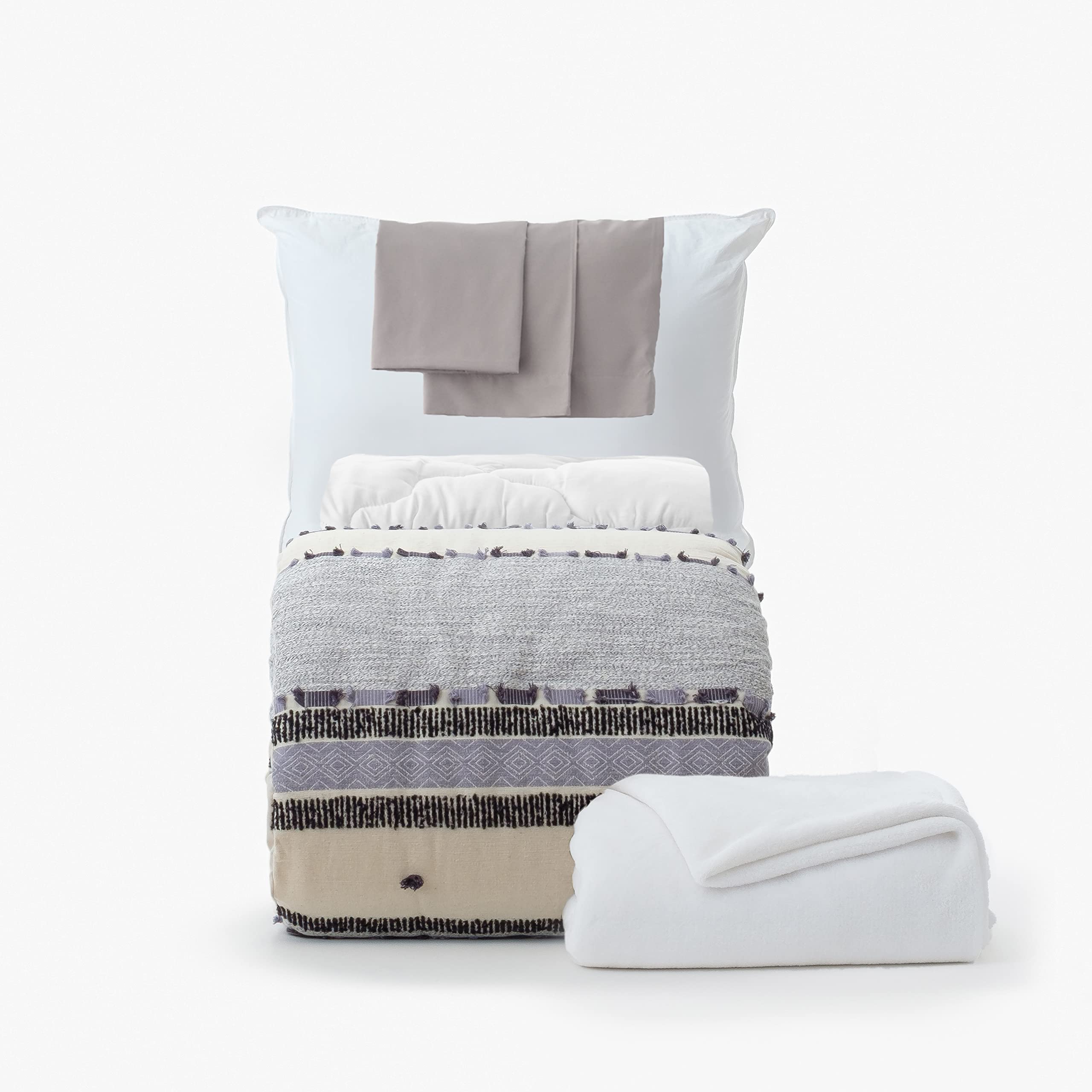 OCM 7-Piece Twin XL College Dorm Bedding Set - Gray & Natural Striped Comforter, Sheets, Pillowcase, Mattress Pad & Blanket | Soft & Cozy Allison Gray Collection | Perfect for Dorm Rooms, Apartments & Guest Bedrooms