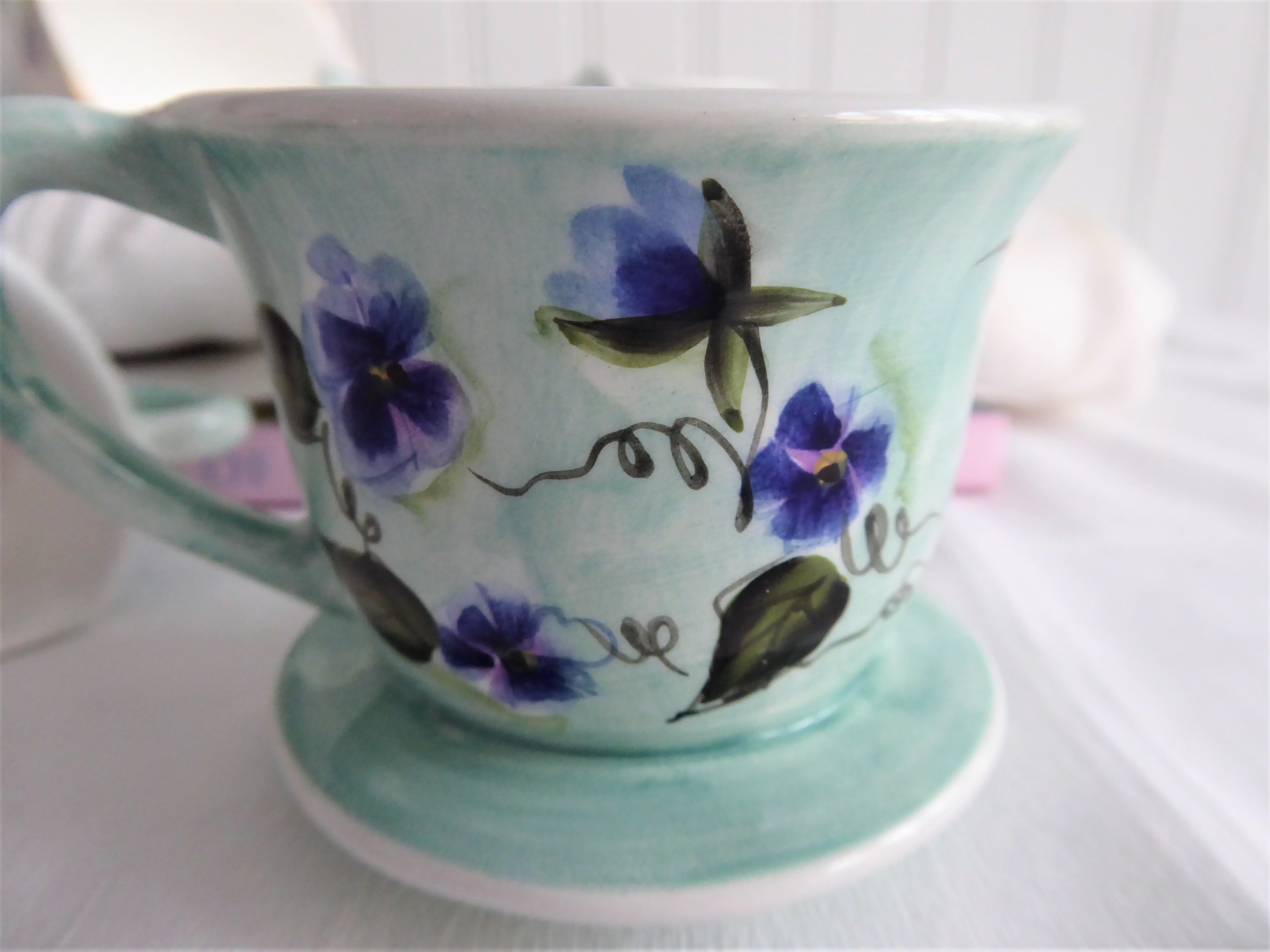 Handpainted Ceramic Teacup Napkin Rings Set of 4 - Violet Floral Design in Egg Blue & Purple - Perfect for Spring Tablescapes, Easter Decor, and Tea Party Table Settings