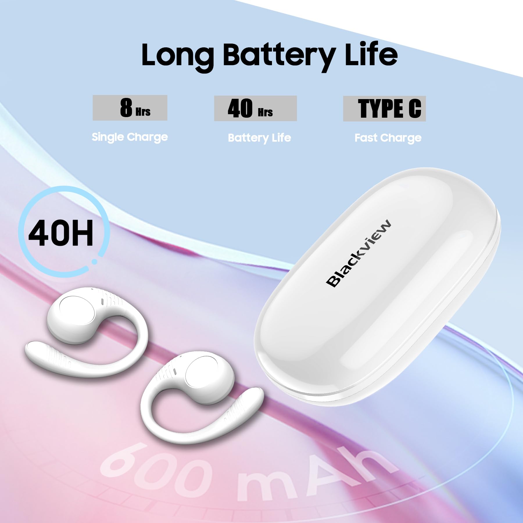 Blackview AirBuds 10 Open Ear Wireless Bluetooth 5.3 Headphones - IPX7 Waterproof Sport Earbuds with Earhooks & Dual Mic for Running, Workout, Cycling, Gym (White) | Perfect for Outdoor Activities & Fitness Enthusiasts