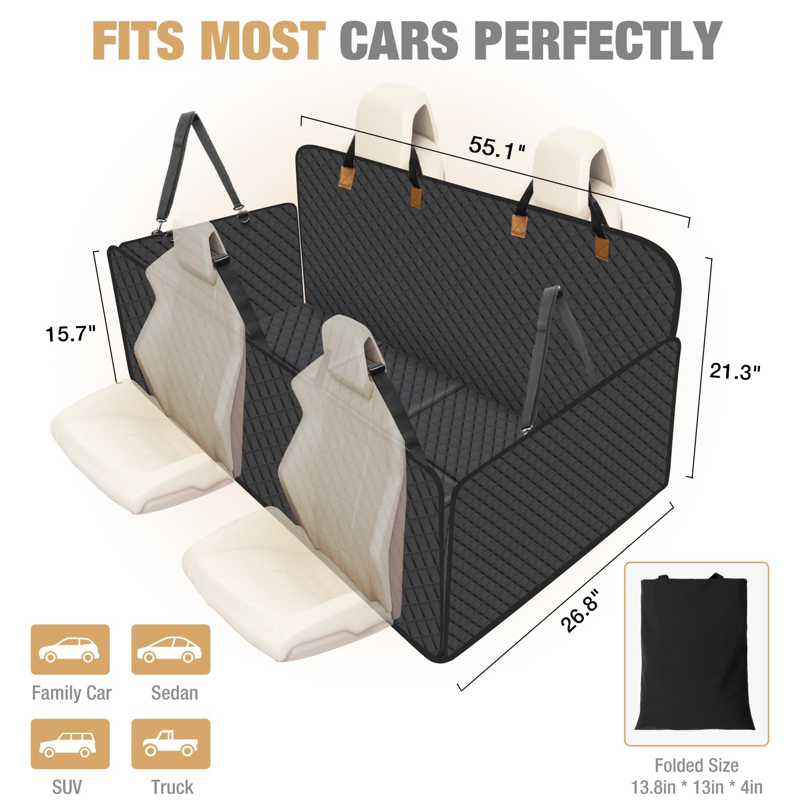 Lekespring Dog Car Seat Cover - Heavy Duty Back Seat Extender & Hammock for Large Dogs, SUV, Truck - Non-Slip Waterproof Pet Car Bed Protector (Black) | Perfect for Road Trips, Vet Visits & Outdoor Adventures