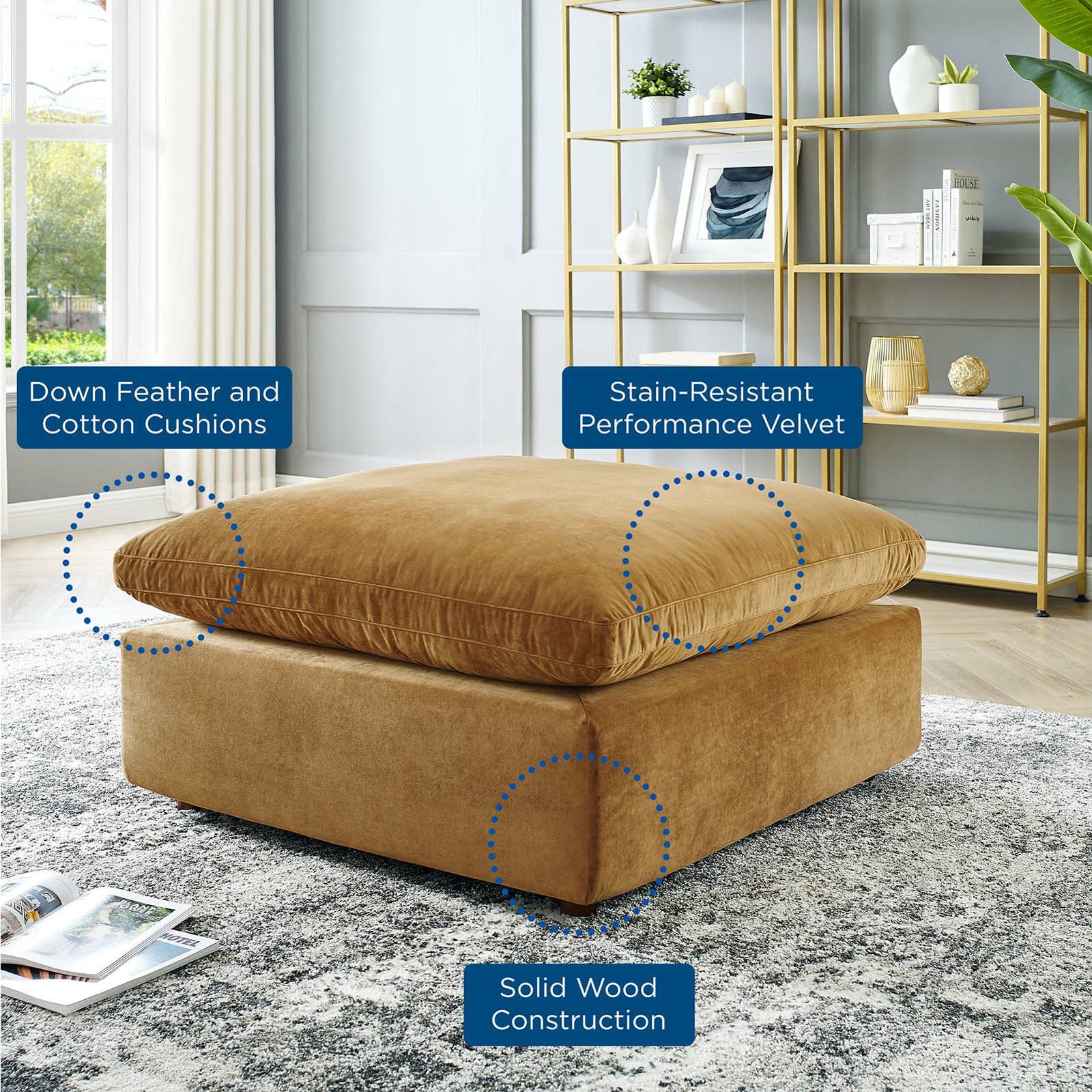 Premium Commix Down Filled Overstuffed Performance Velvet Ottoman - Luxurious Living Room Seating & Footrest for Cozy Home Decor