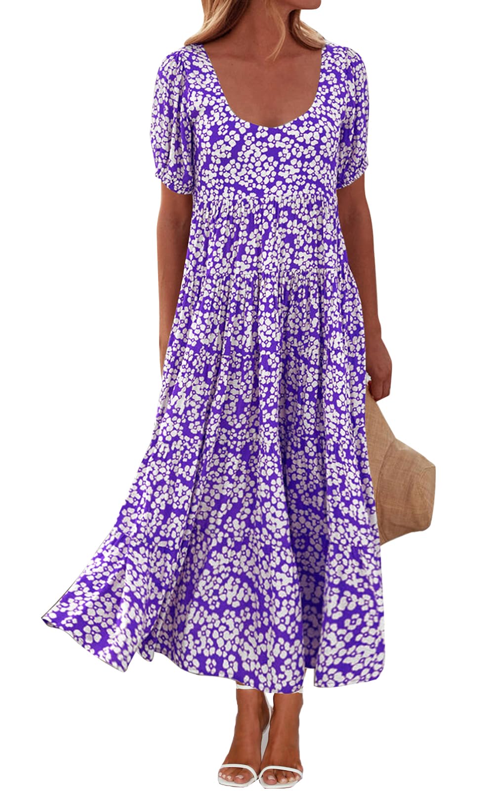 PRETTYGARDEN Women's Floral Summer Maxi Dress 2025 - Puff Sleeve, Smocked Backless, Flowy Tiered Design for Beach, Vacation & Casual Wear | Boho Chic Dress for Outdoor Parties, Date Nights & Summer Getaways