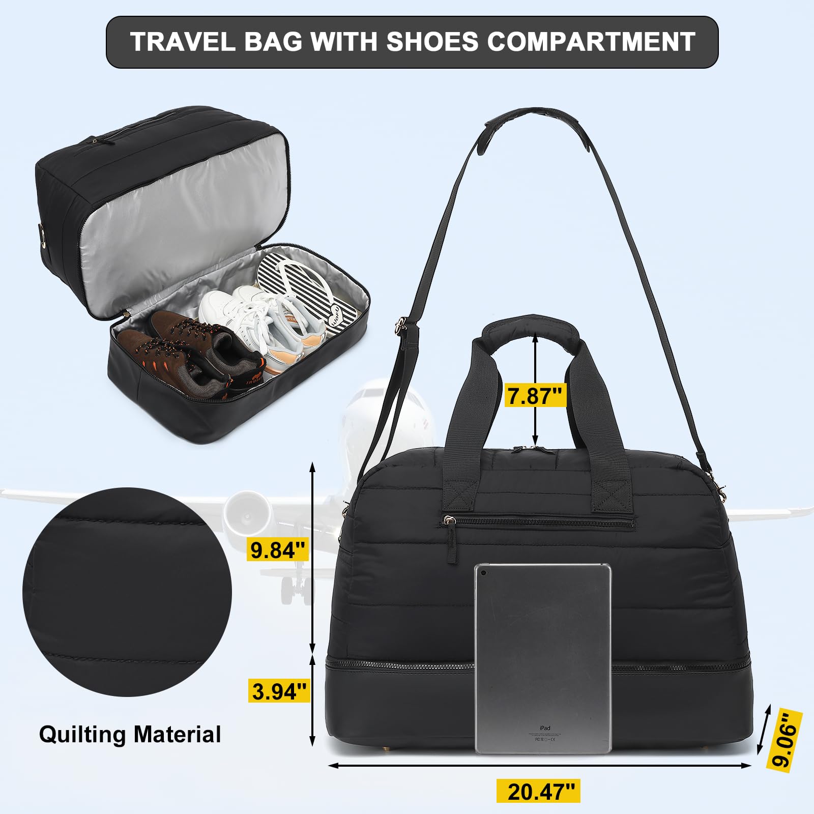 CAMTOP Women's Quilted Puffer Weekender Bag with Shoe Compartment - Waterproof Carry On Duffle Tote for Travel, Gym & Overnight Trips - Perfect for Weekend Getaways, Business Trips & Workout Essentials