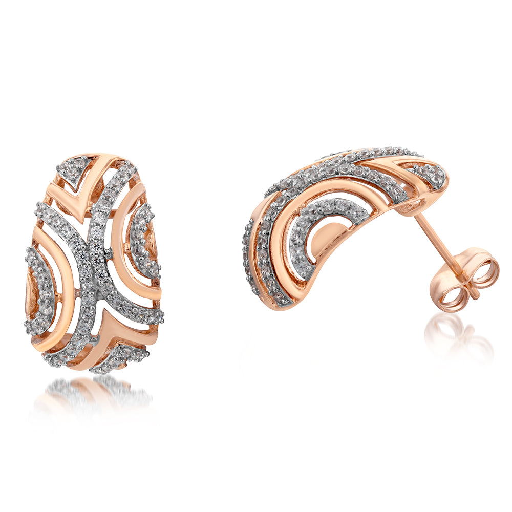 9ct Rose Gold Cubic Zirconia Half Hoop Earrings - Elegant Patterned Design for Women | Perfect for Weddings, Parties & Everyday Wear