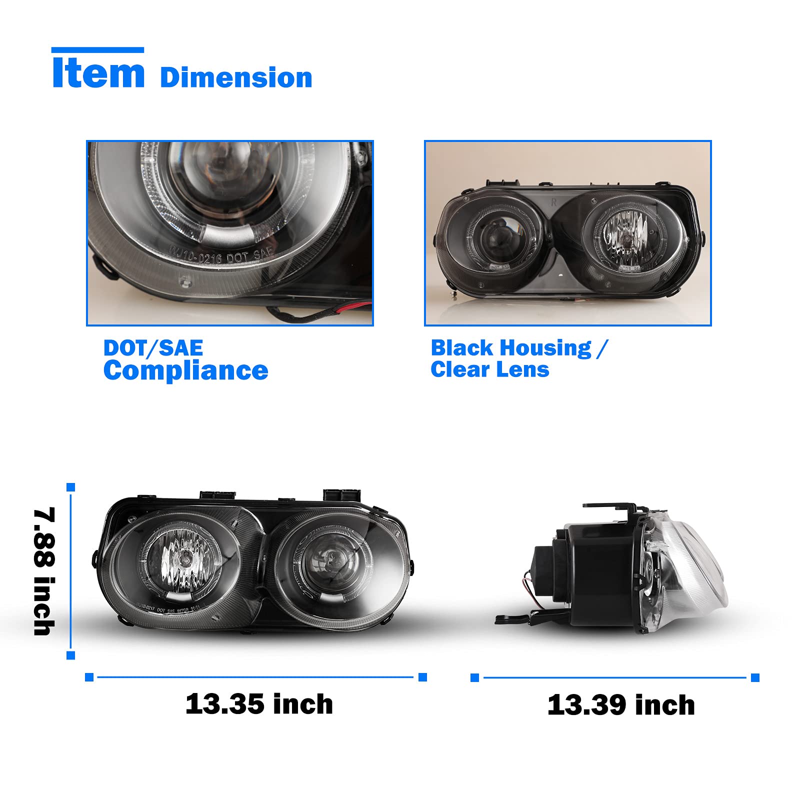 WOLFSTORM Halo Projector Headlight Assembly Replacement for 1994-1997 Acura Integra - Black Housing, LED Angel Eyes, DOT Approved (Perfect for Night Driving & Car Upgrades)