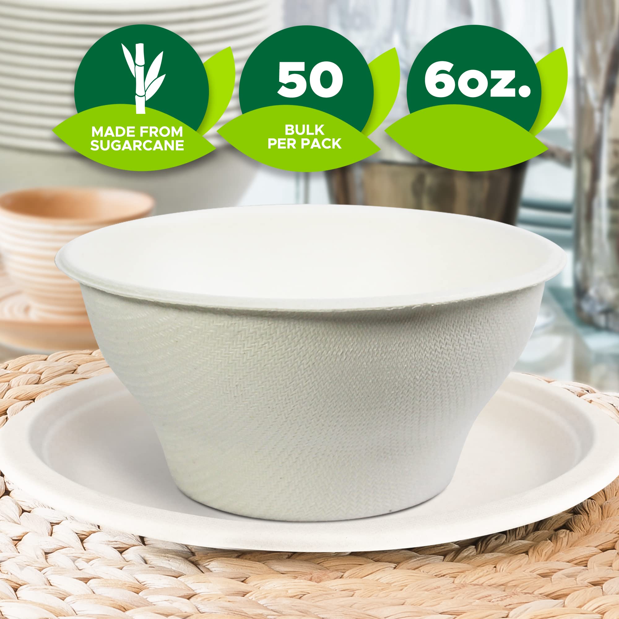 Eco-Friendly Biodegradable Sugarcane Bowls - 6oz Compostable Microwave Safe Bowls (Pack of 50) for Hot & Cold Food | Perfect for Parties, Picnics, and Eco-Conscious Dining
