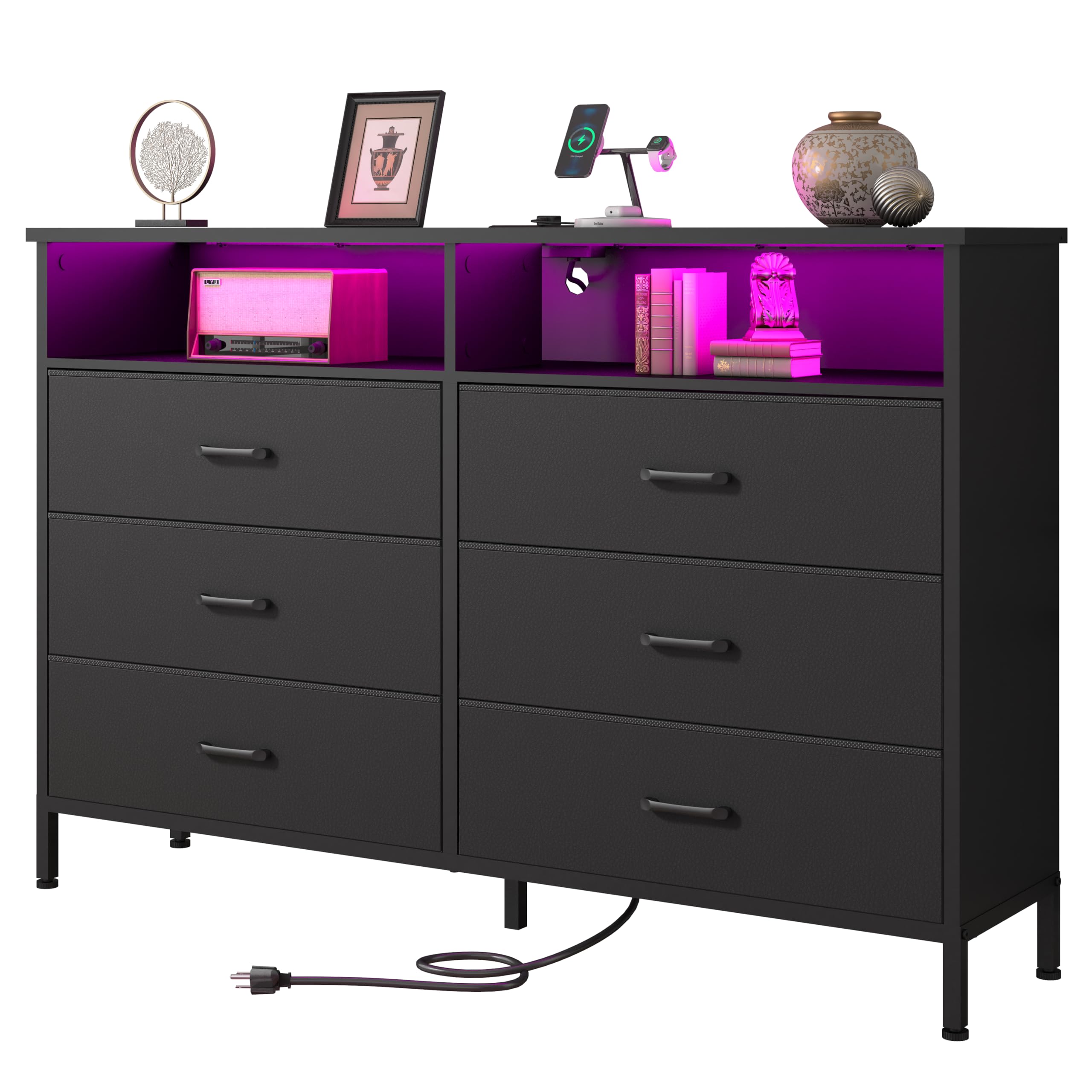 LED Fabric Dresser with Charging Station - 6 Drawer Storage for Bedroom & Living Room TV Stand