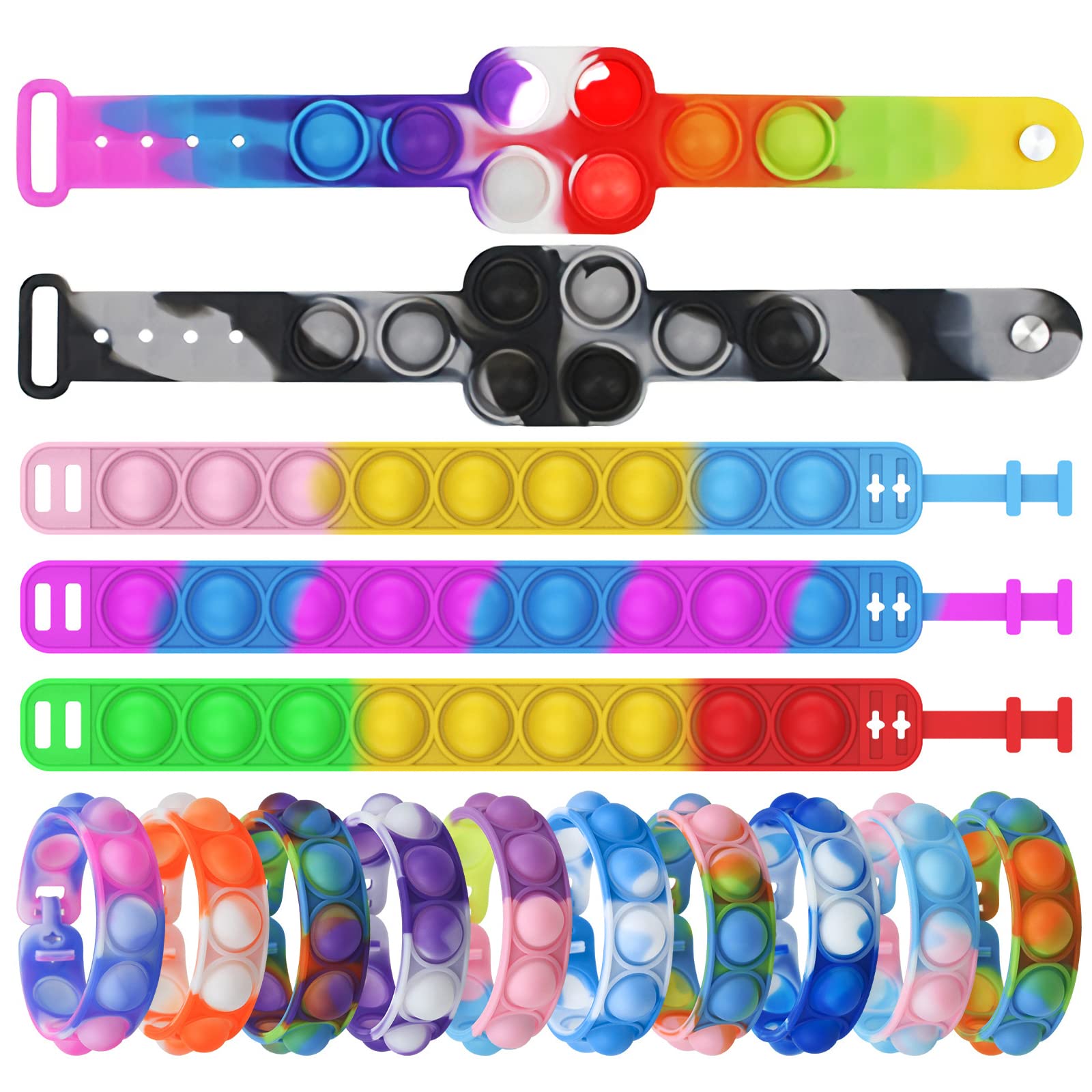 15pcs Pop Fidget Bracelets - Wearable Push Bubble Sensory Toys for Stress Relief, ADHD & Anxiety - Silicone Hand Finger Press Bracelet for Kids & Adults - Perfect for Classroom, Office & Travel Use