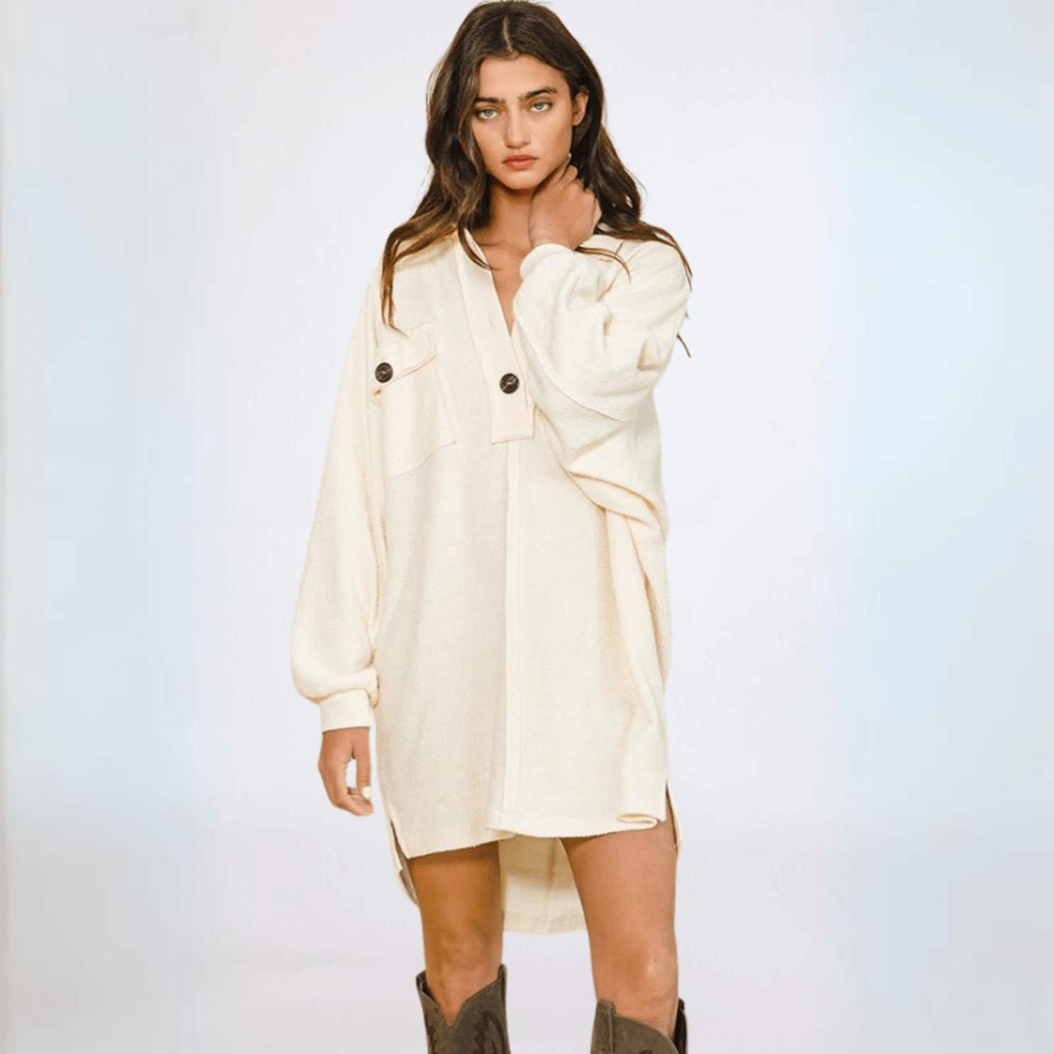Premium French Terry Long Slouchy Henley Shirt for Women | Made in USA | Soft & Comfortable Casual Wear for Lounge, Travel & Everyday Outfits