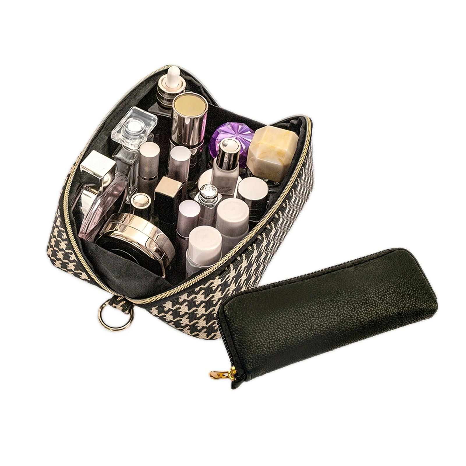 Houndstooth Checkered Makeup Bag - Travel Makeup Organizer & Toiletry Pouch for Brushes, Cosmetics & Travel Essentials (Black Brown) | Perfect for Vacations, Gym, Weekend Getaways & Daily Use