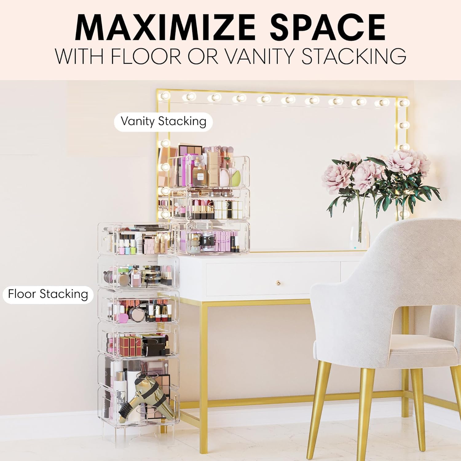 Luxury Clear Makeup Organizer with Extra Large Stacking Drawers - Spacious Storage for Cosmetics, Skincare, Hair Care & Makeup Palettes - Perfect for Vanity, Bathroom & Dressing Table Organization (Maxi Size)